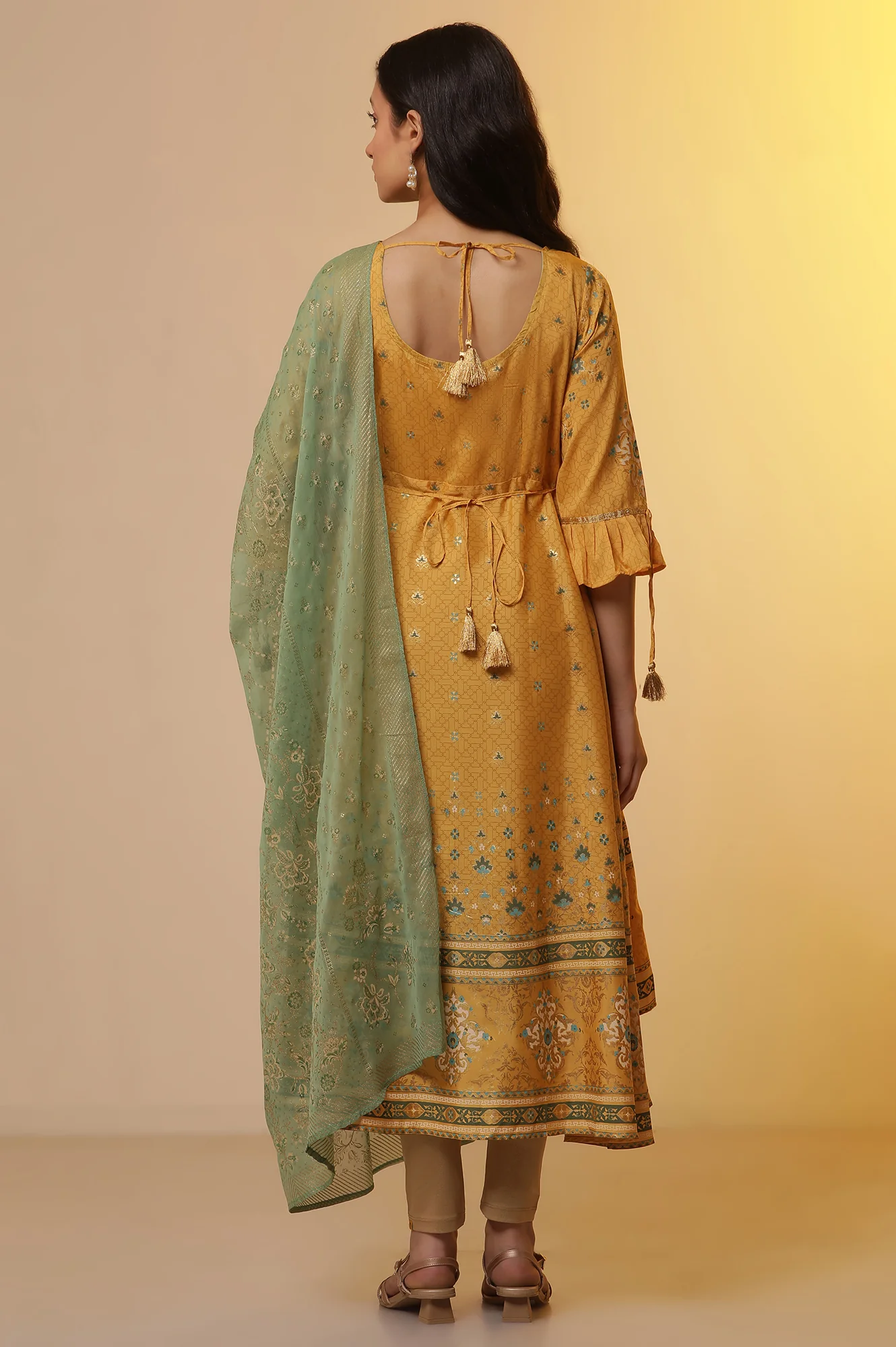 Yellow Embroidered Asymmetrical Kurta, Tights and Dupatta Set - Image 4