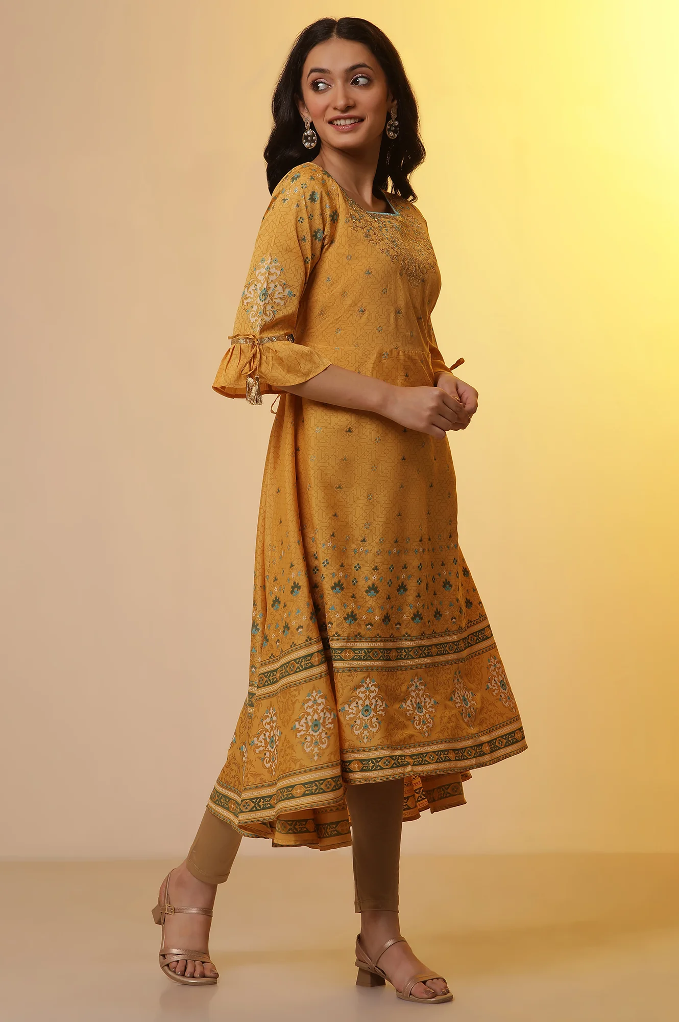 Yellow Embroidered Asymmetrical Kurta, Tights and Dupatta Set - Image 5