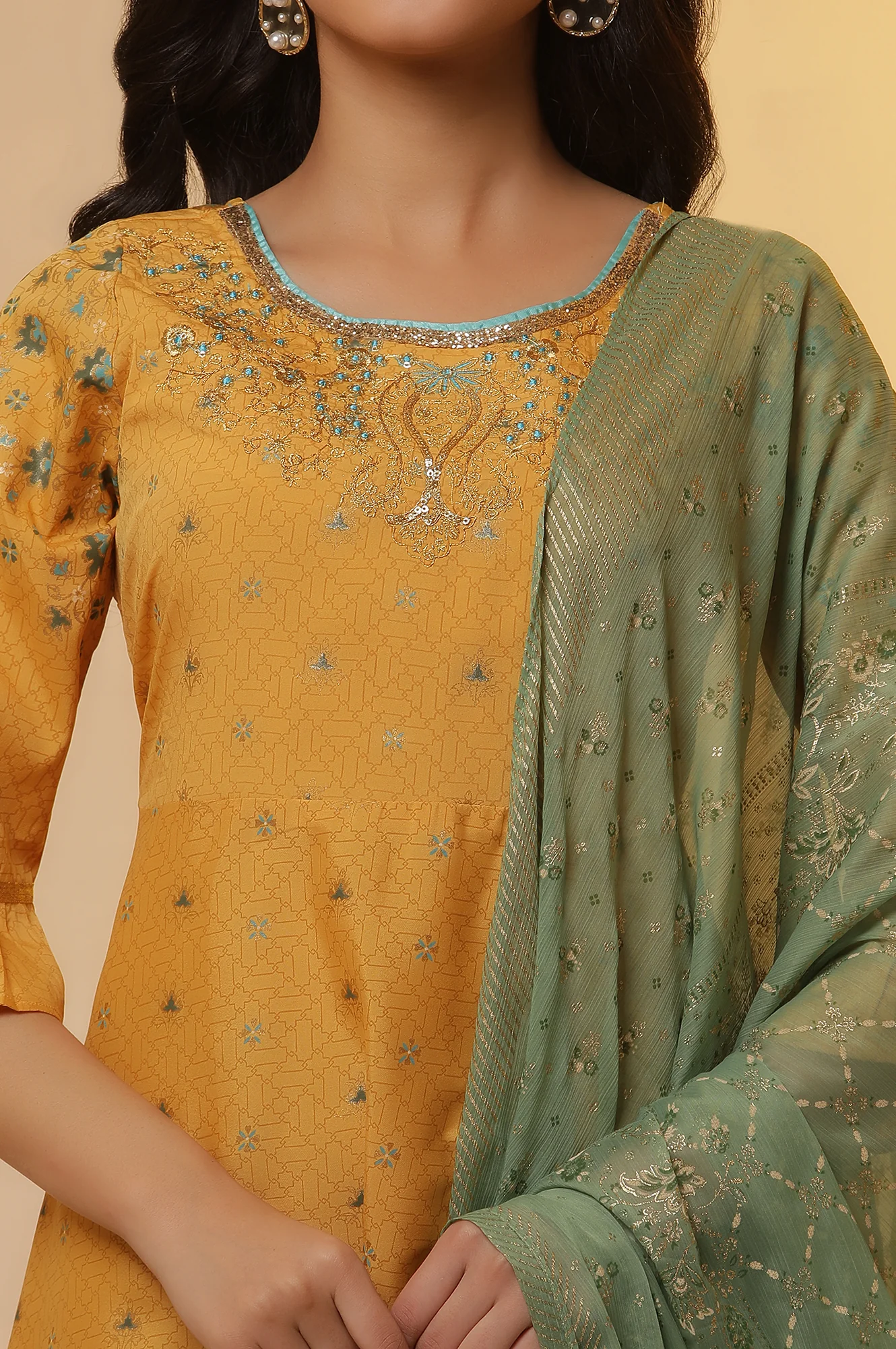 Yellow Embroidered Asymmetrical Kurta, Tights and Dupatta Set - Image 6