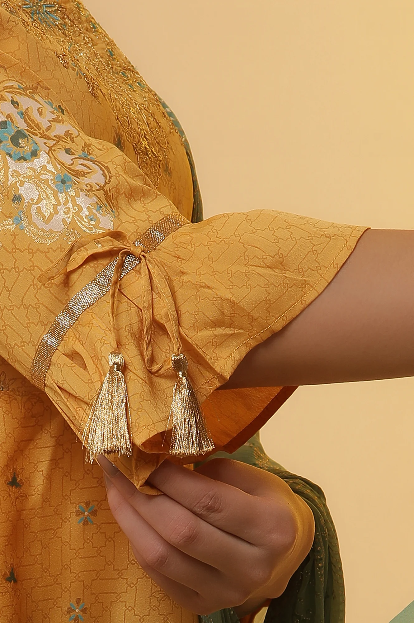 Yellow Embroidered Asymmetrical Kurta, Tights and Dupatta Set - Image 7