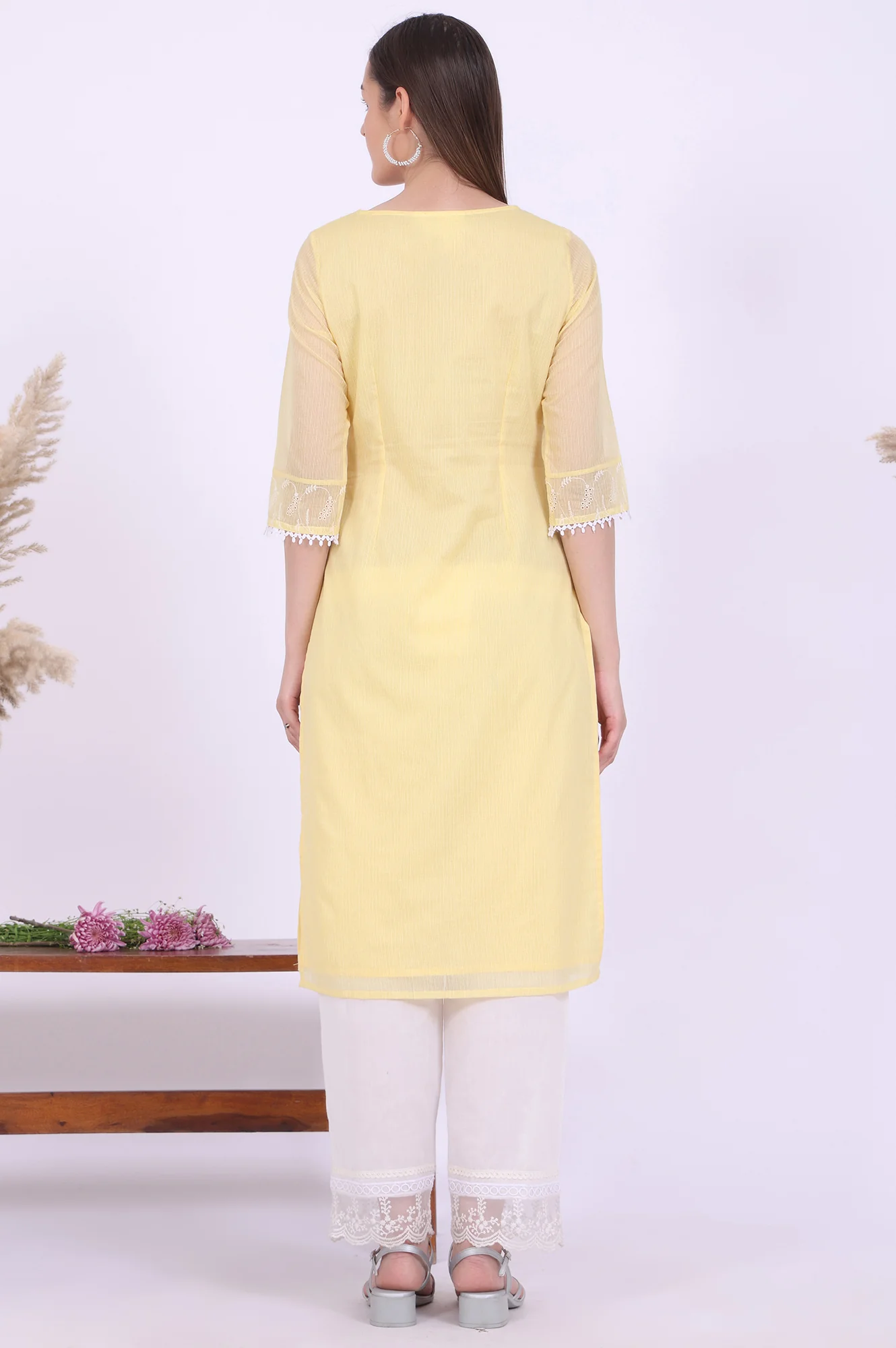 Yellow Embroidered Straight Cotton Blend Kurta - Image 6