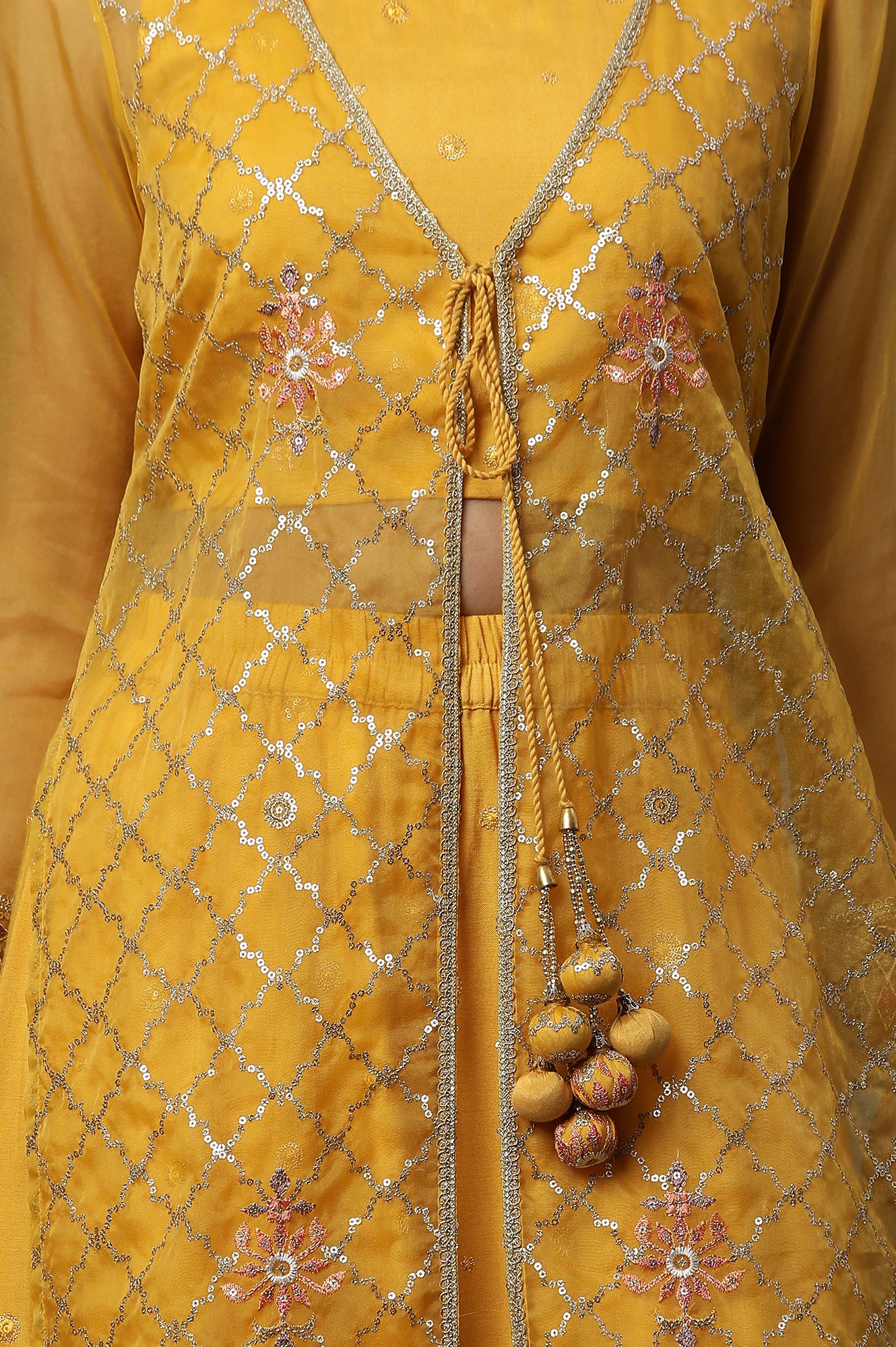 Yellow Embroidered Gilet, Crop-Top and Palazzo Set - Image 11