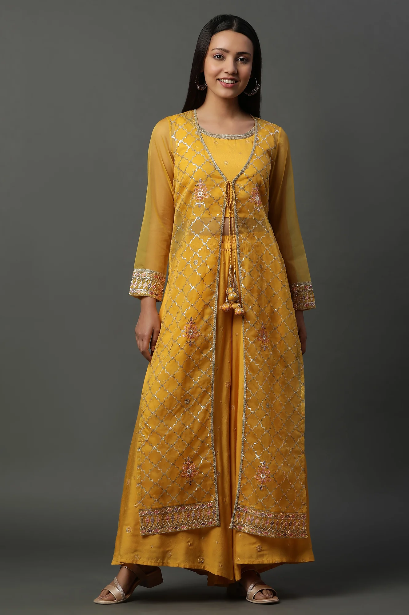 Yellow Embroidered Gilet, Crop-Top and Palazzo Set - Image 3