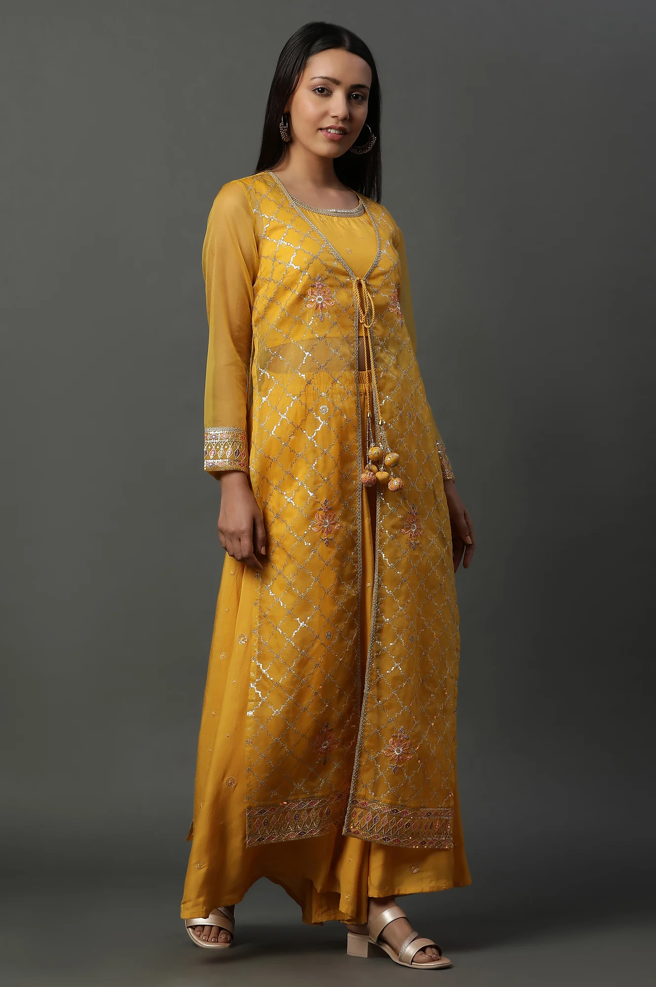 Yellow Embroidered Gilet, Crop-Top and Palazzo Set - Image 4