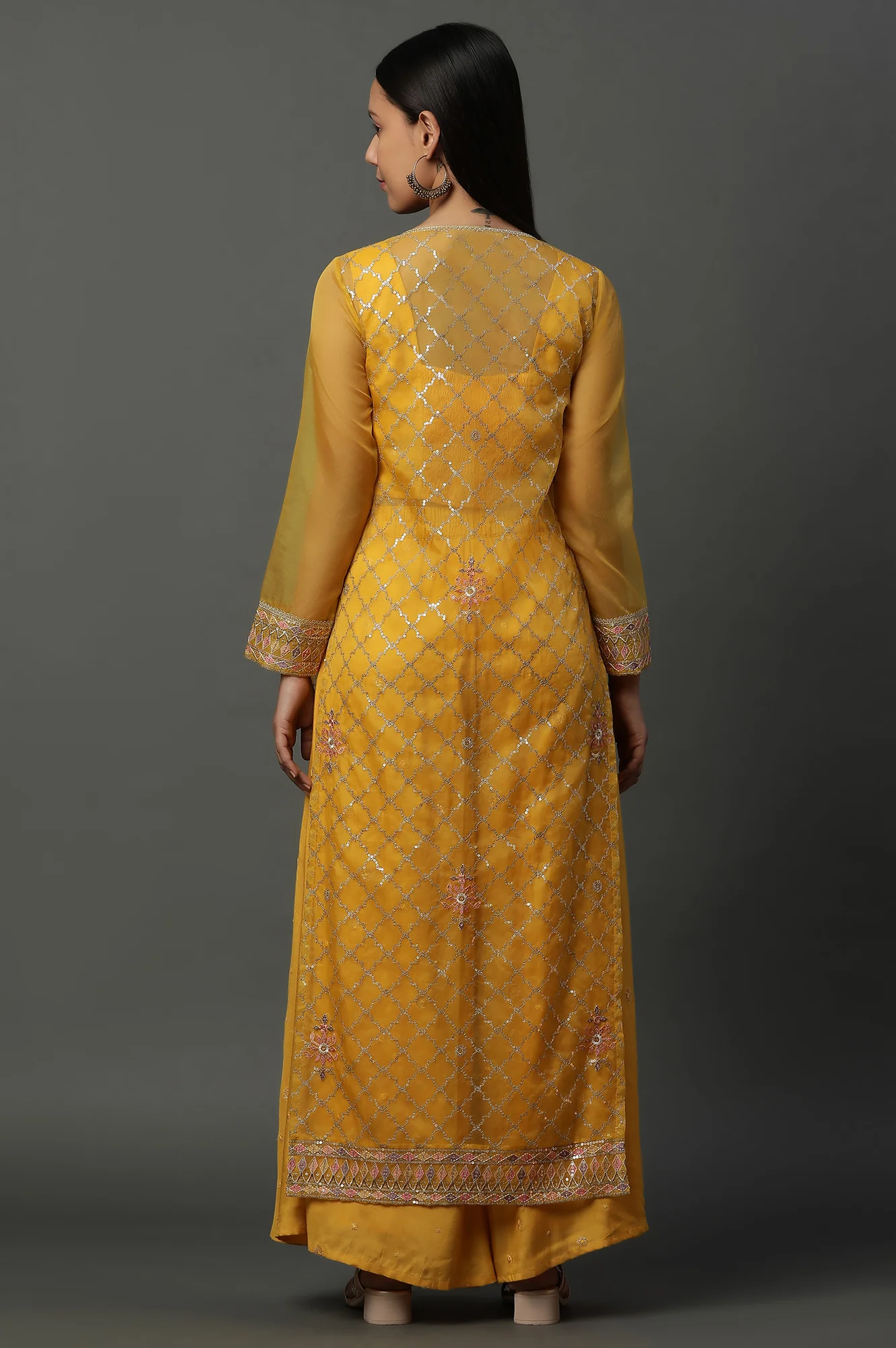 Yellow Embroidered Gilet, Crop-Top and Palazzo Set - Image 5