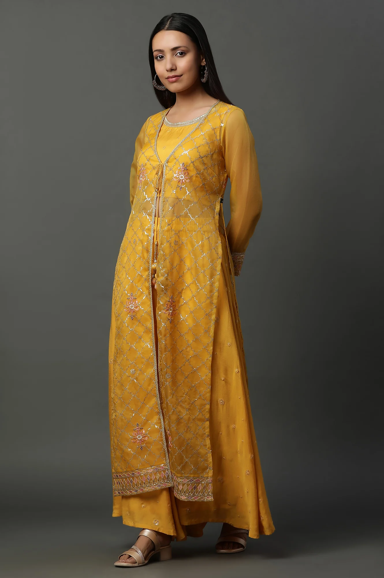 Yellow Embroidered Gilet, Crop-Top and Palazzo Set - Image 6