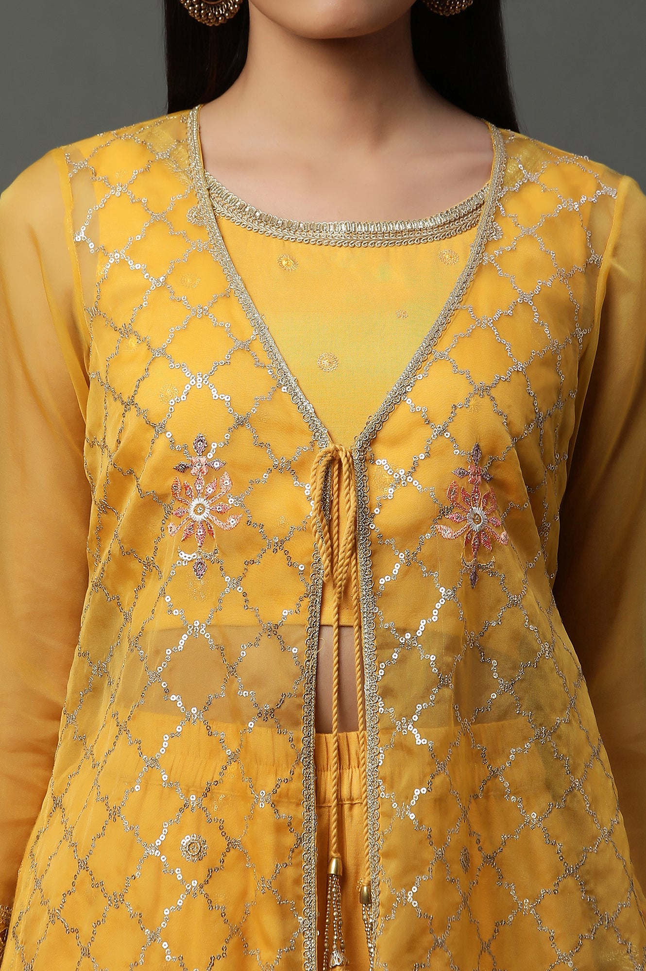 Yellow Embroidered Gilet, Crop-Top and Palazzo Set - Image 7