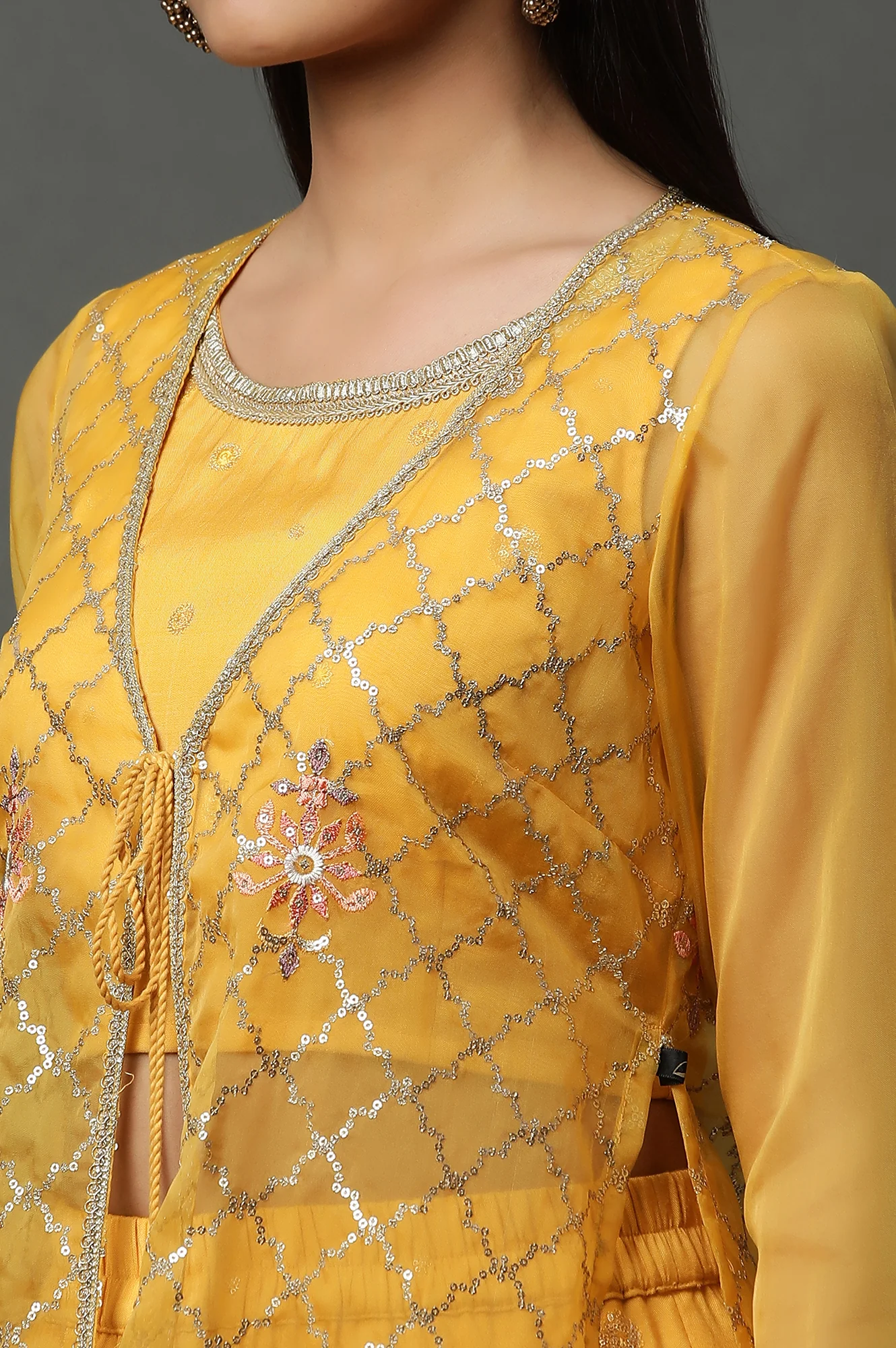Yellow Embroidered Gilet, Crop-Top and Palazzo Set - Image 8