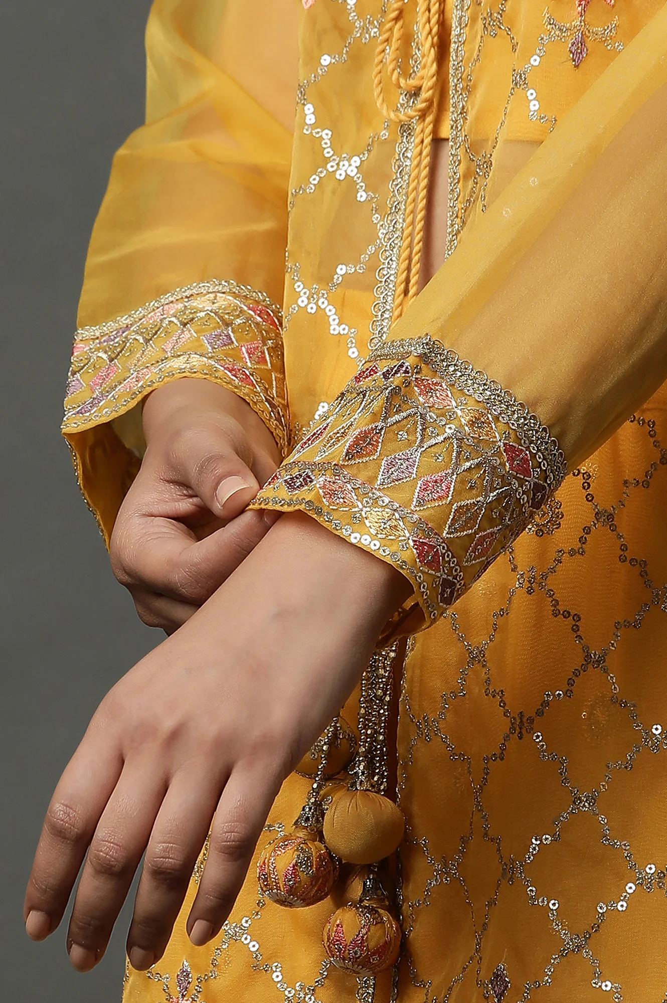 Yellow Embroidered Gilet, Crop-Top and Palazzo Set - Image 9