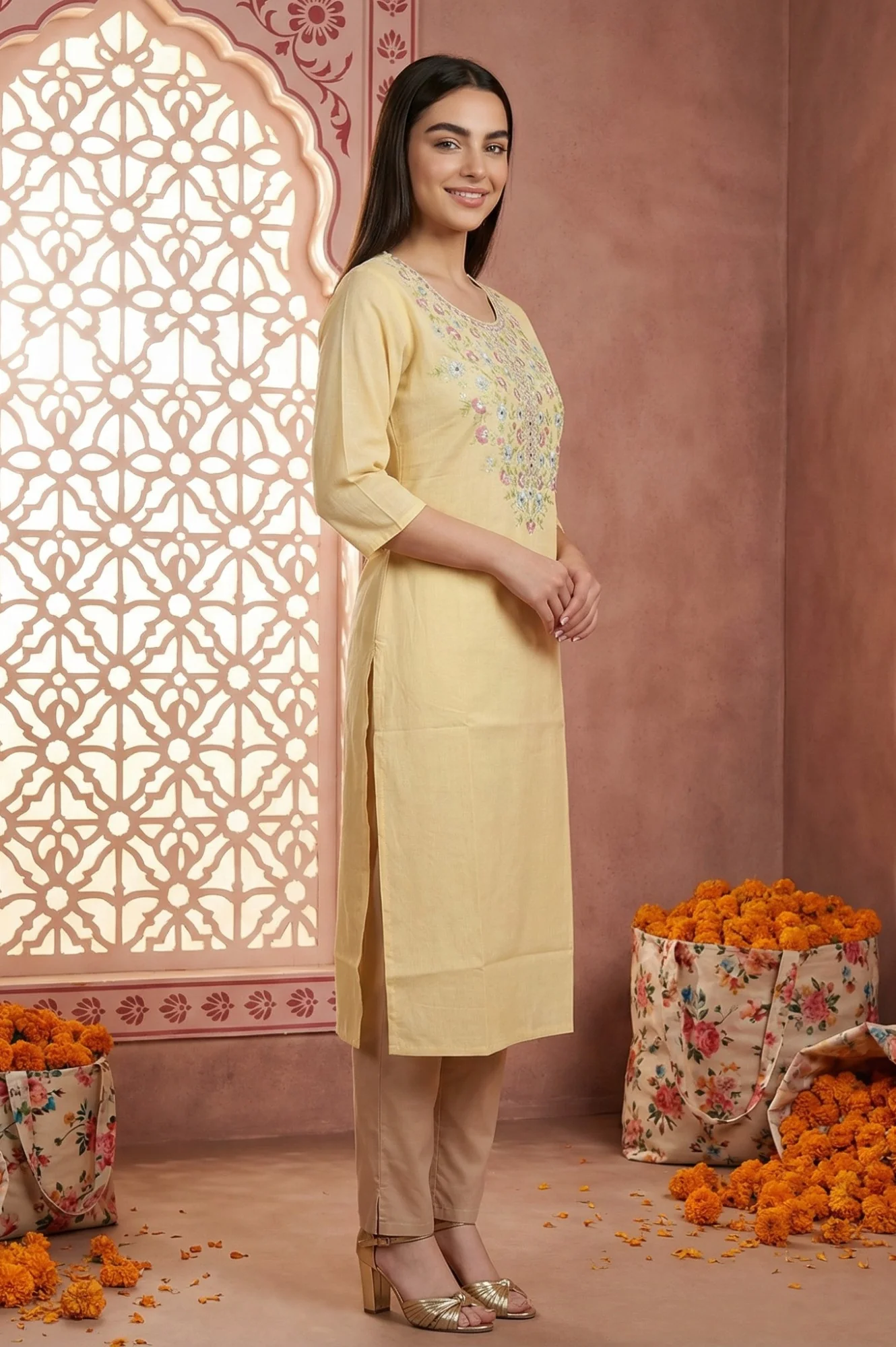 Yellow Zari Embroidered Mirror Work Straight Kurta - Image 5