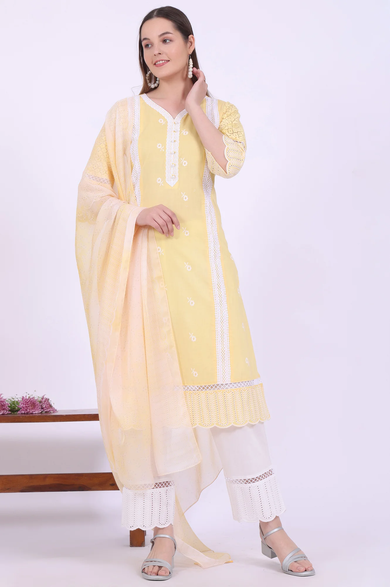 Yellow Embroidered Pure Cotton Straight Kurta with Palazzos & Dupatta Set - Image 2
