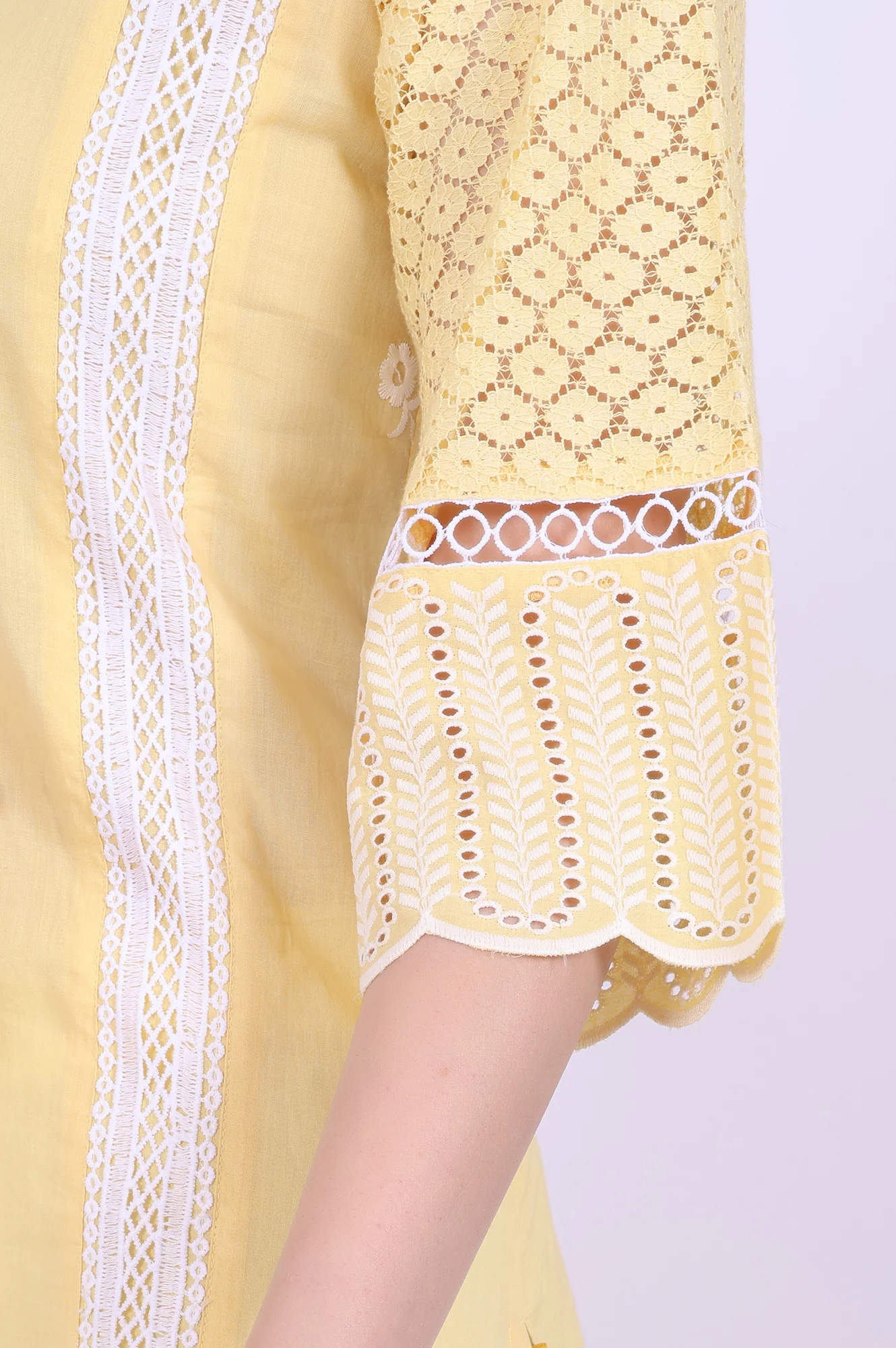 Yellow Embroidered Pure Cotton Straight Kurta with Palazzos & Dupatta Set - Image 7