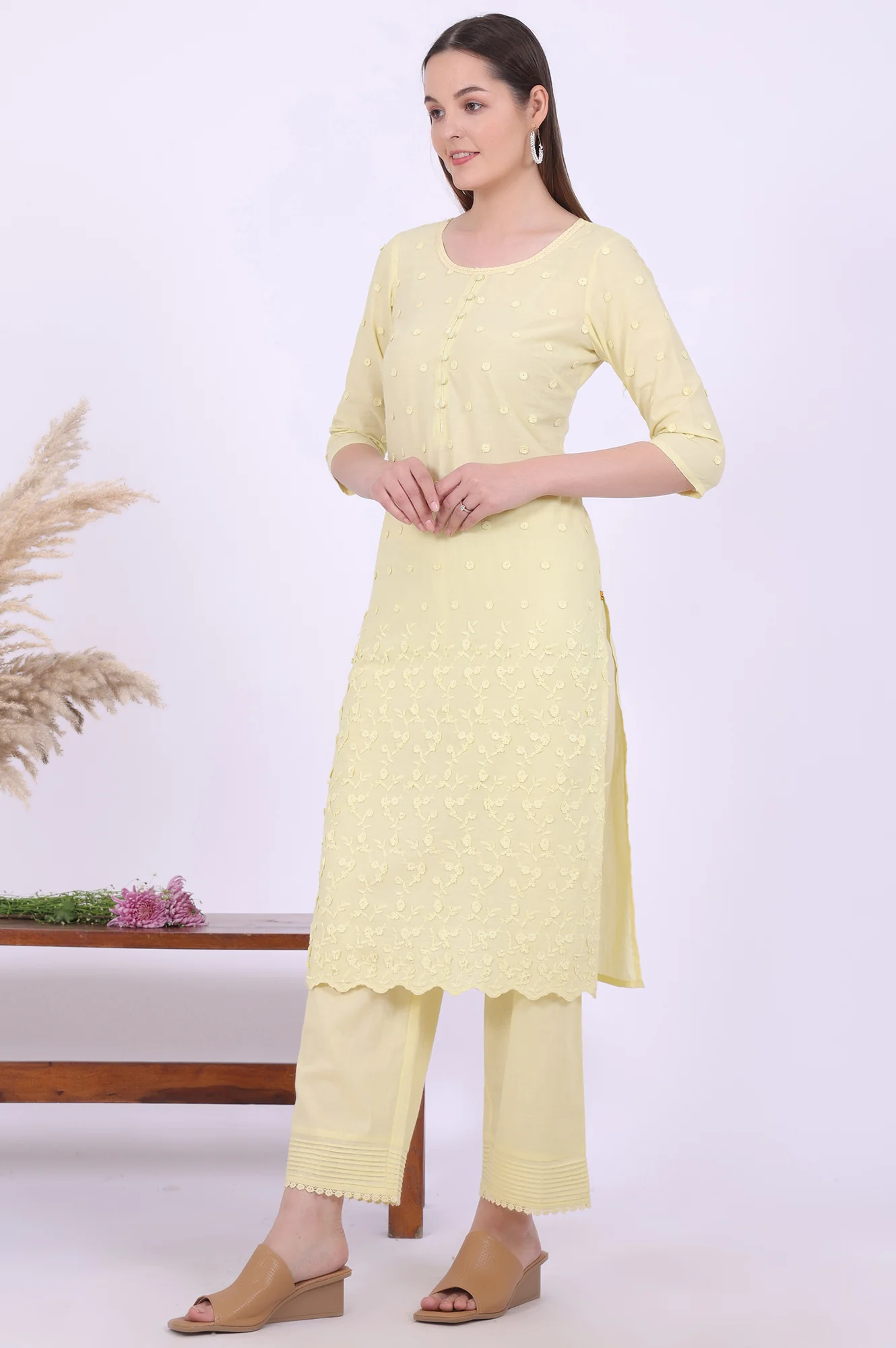 Yellow Embroidered Pure Cotton Straight Kurta with Palazzos & Dupatta Set - Image 4