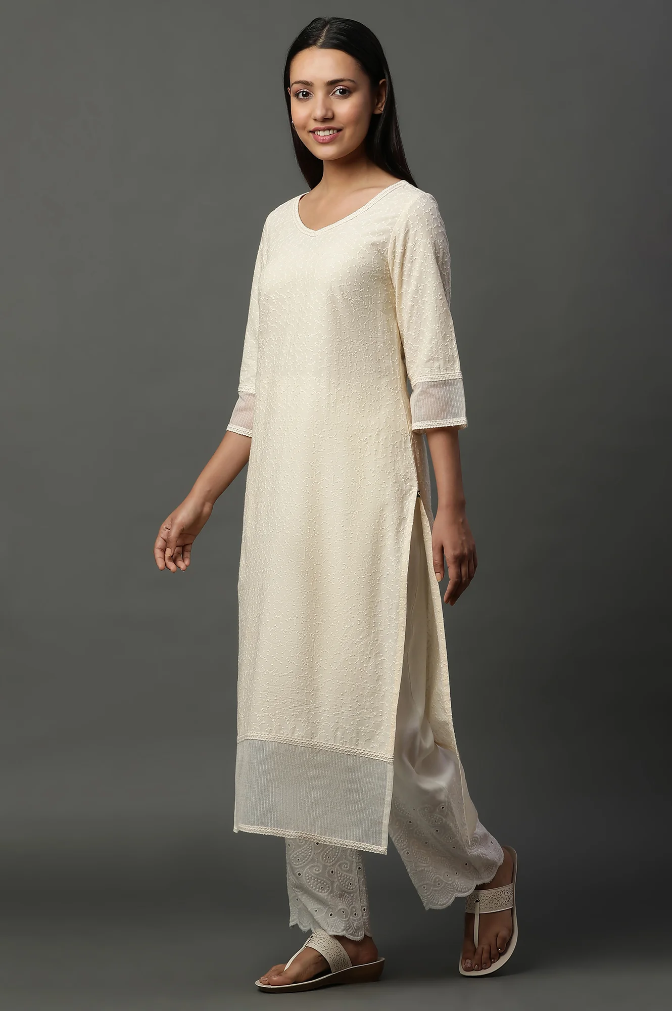 Yellow Embroidered Schiffli Kurta - Image 3