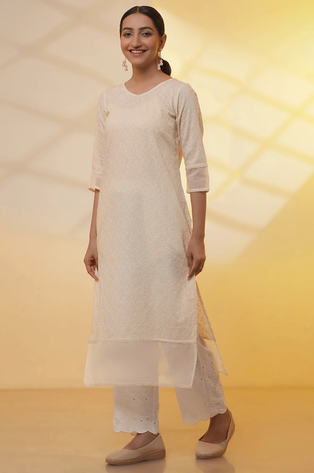 Yellow Embroidered Schiffli Kurta, Palazzo and Dupatta Set - Image 3