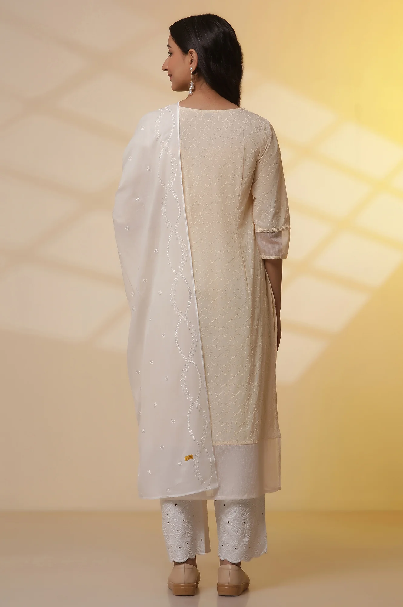 Yellow Embroidered Schiffli Kurta, Palazzo and Dupatta Set - Image 4