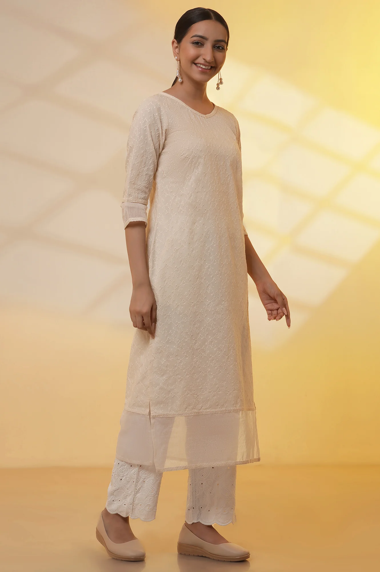 Yellow Embroidered Schiffli Kurta, Palazzo and Dupatta Set - Image 5