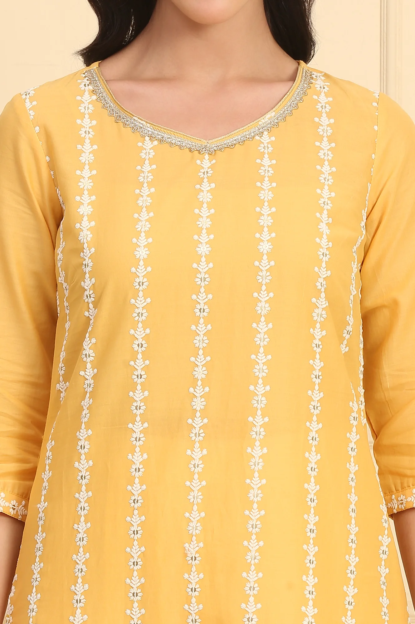 Yellow Embroidered Straight Schiffli Pure Cotton Kurta - Image 4