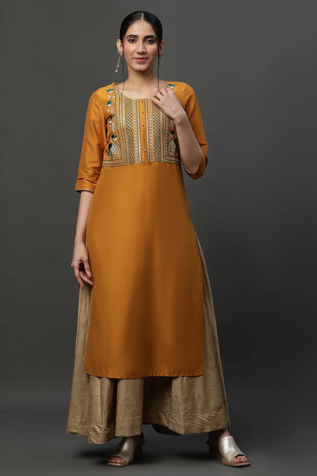 Yellow Embroidered Yoke Straight Festive Kurta - Image 3