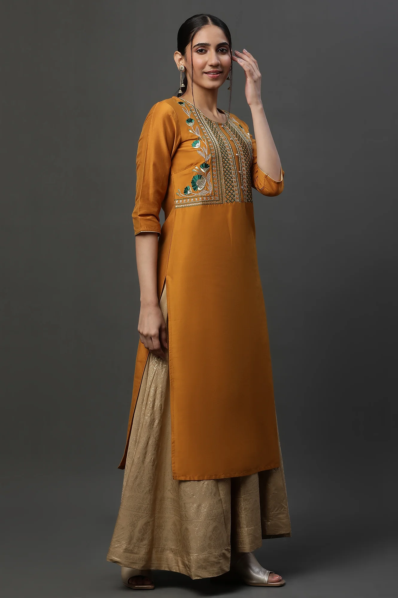 Yellow Embroidered Yoke Straight Festive Kurta - Image 6