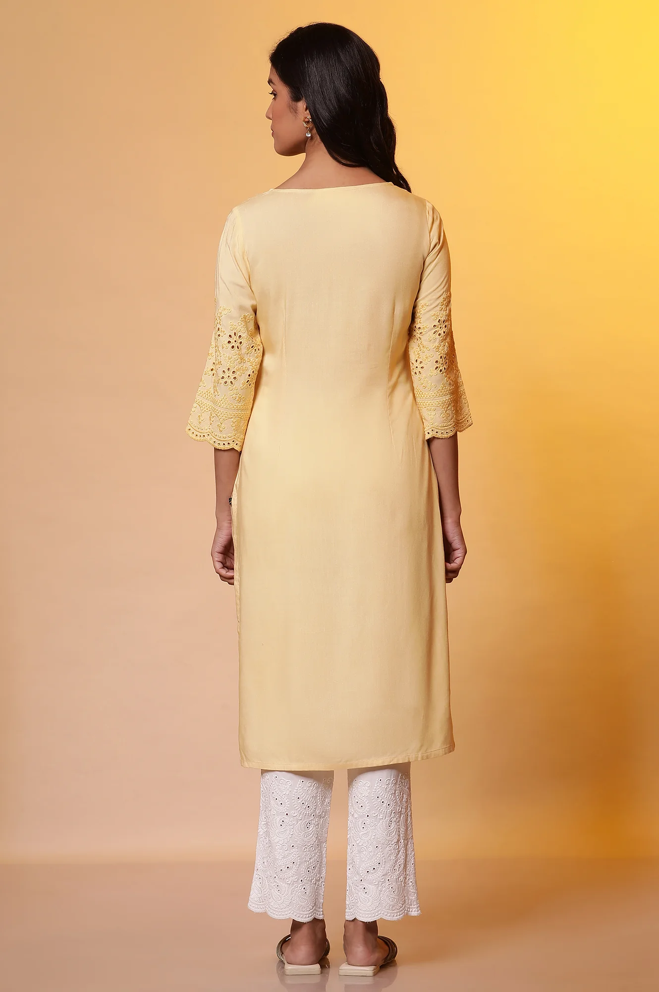 Yellow Embroidered Yoke Kurta - Image 4
