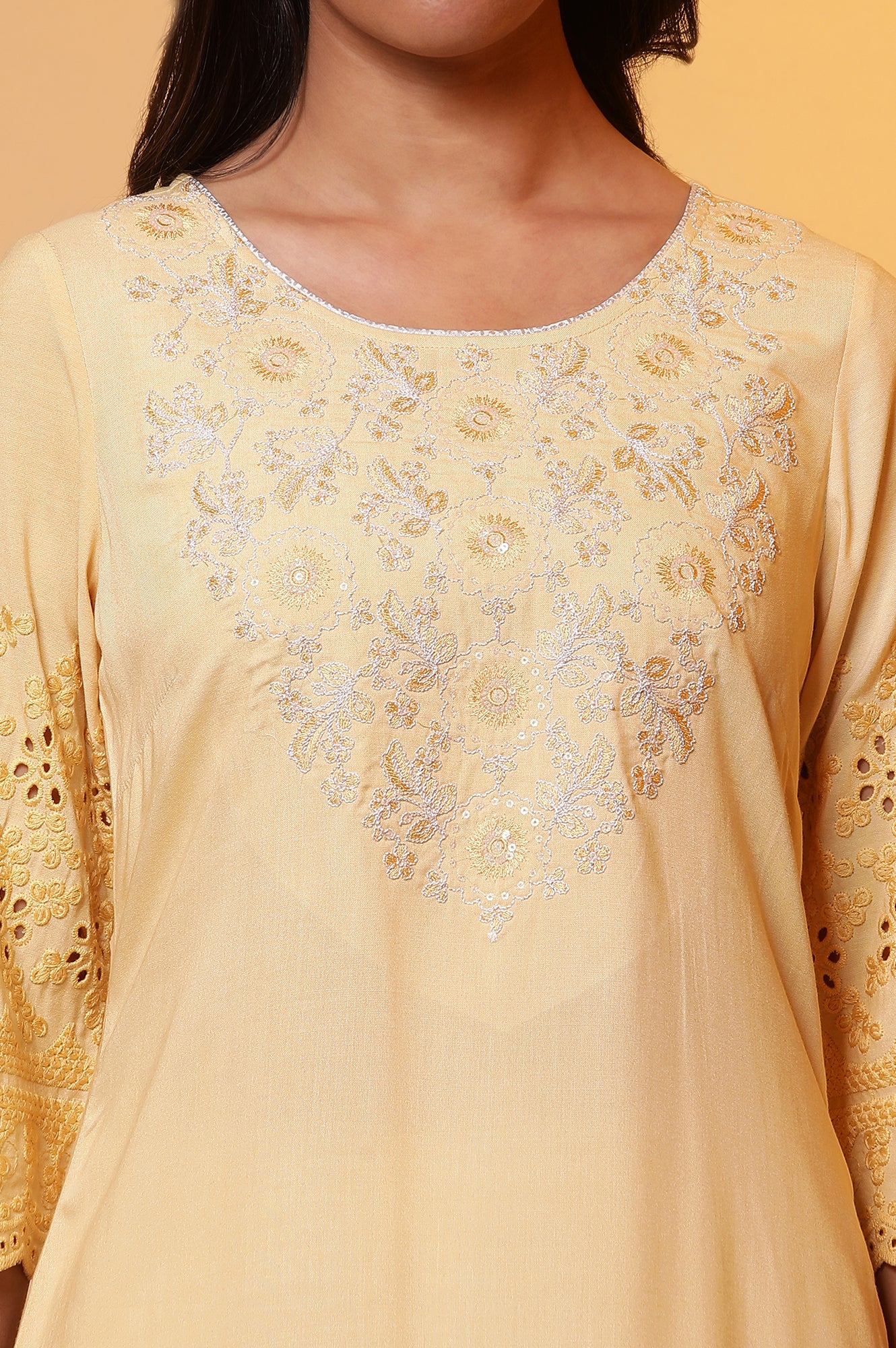 Yellow Embroidered Yoke Kurta - Image 6