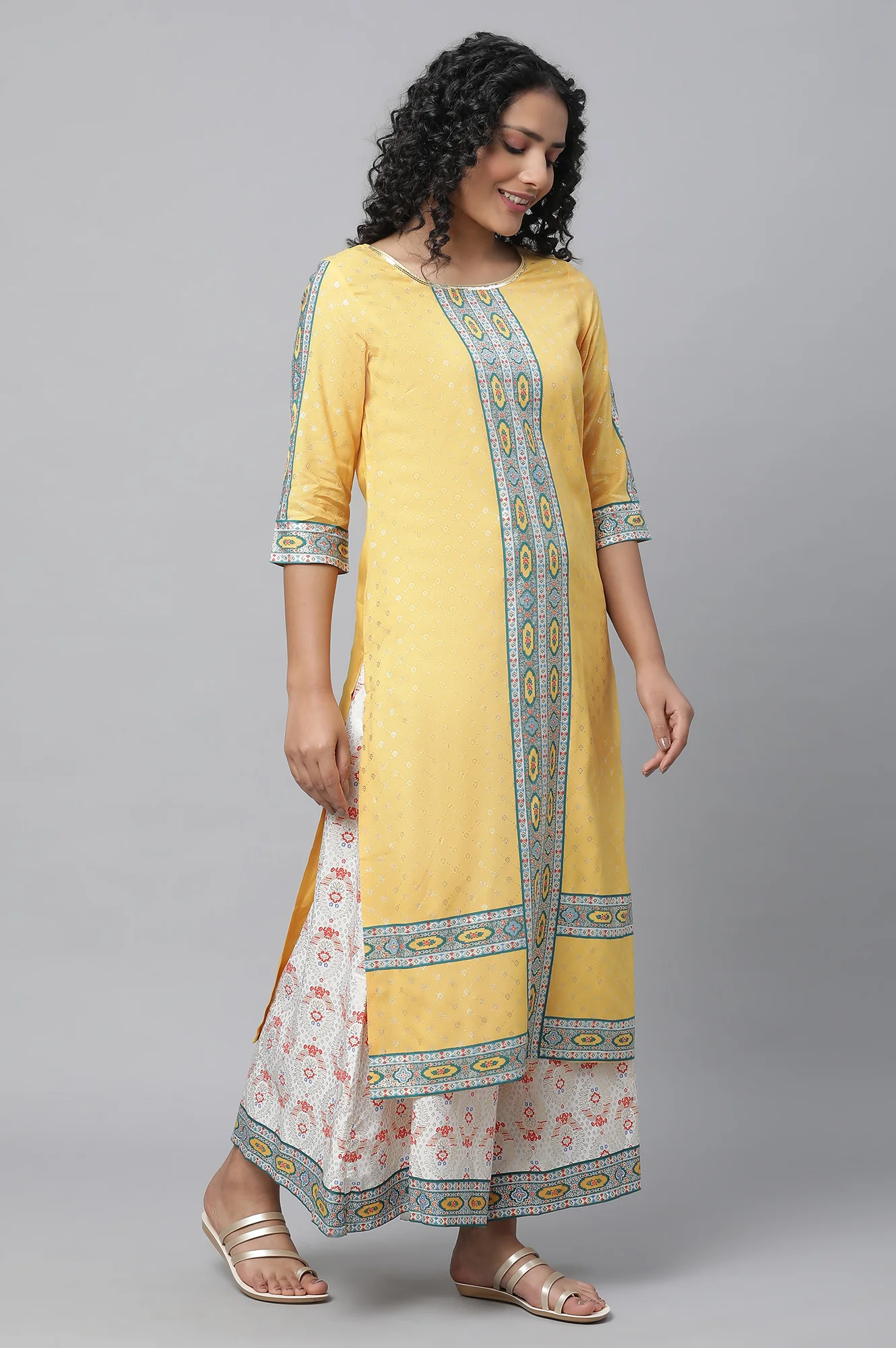Yellow Festive kurta, Culottes & Dupatta Set - Image 4