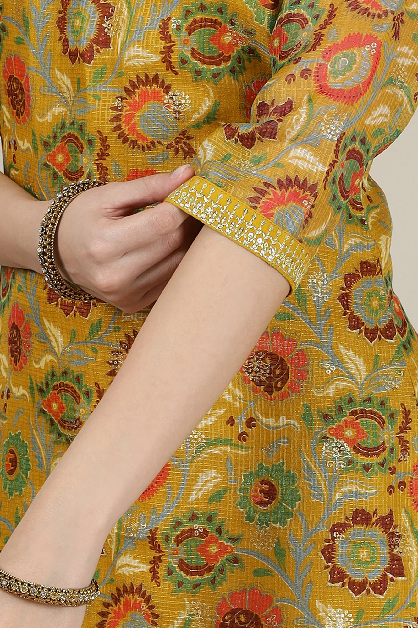 Yellow Floral All-Over Print Sequined Straight Kota Kurta - Image 7