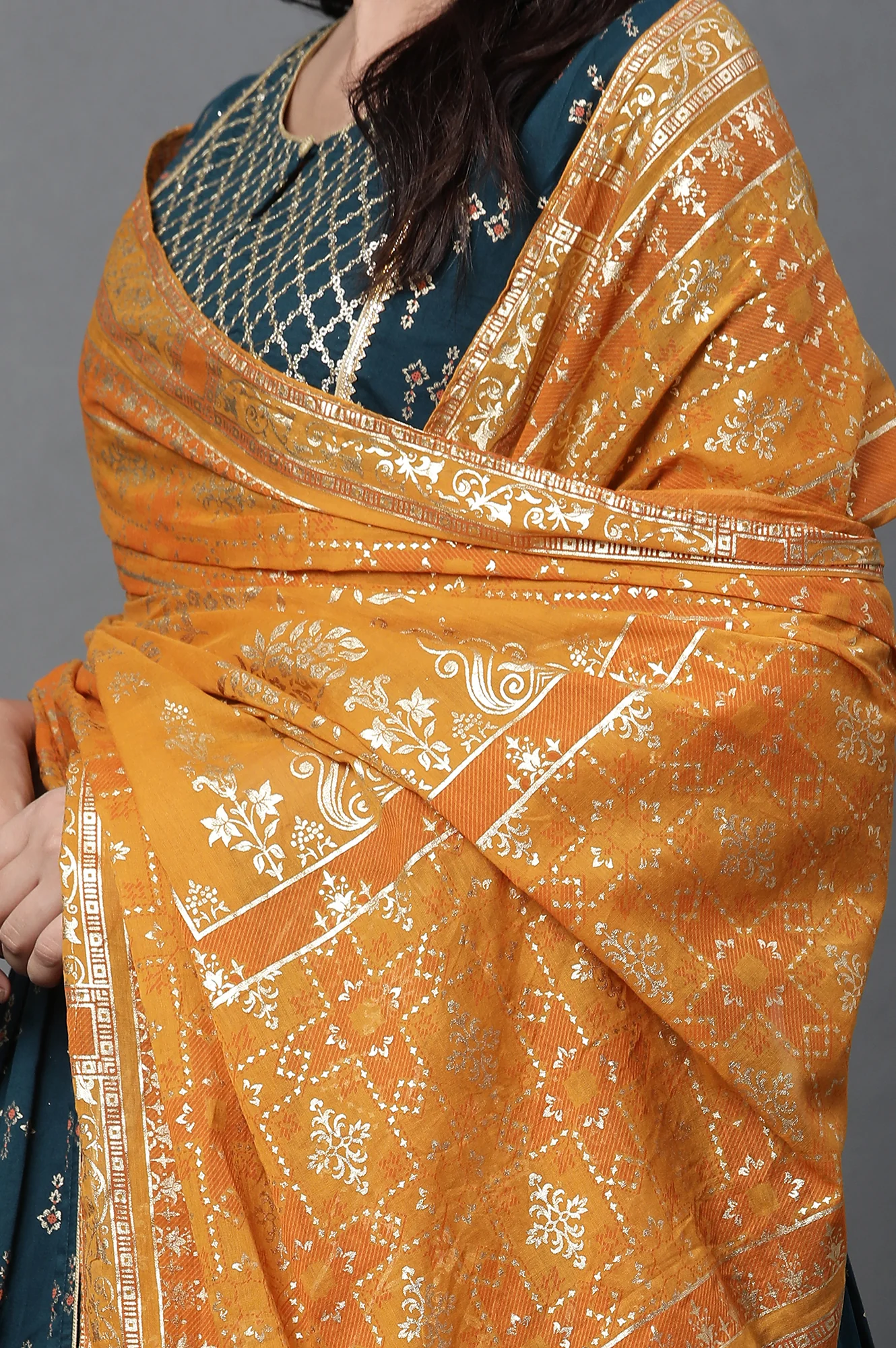 Yellow Floral Gold Printed Rectangular Woven Dupatta - Image 5