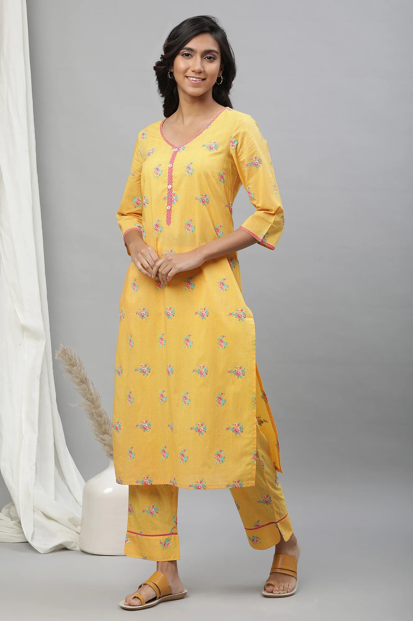 Yellow Floral Lace Trim Straight Cotton Kurta