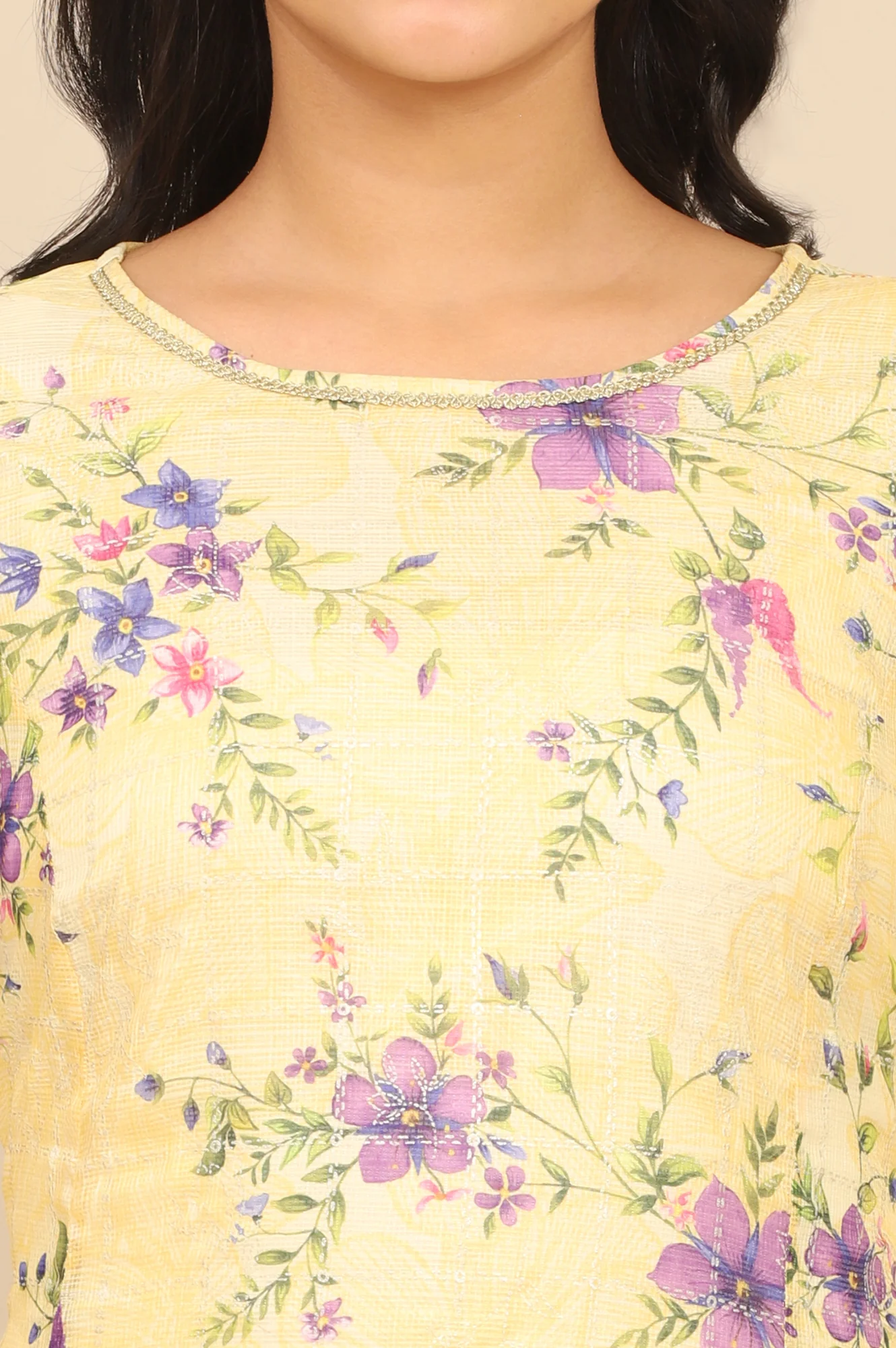 Yellow Floral Printed A-line Kota Kurta in Boat Neck - Image 4