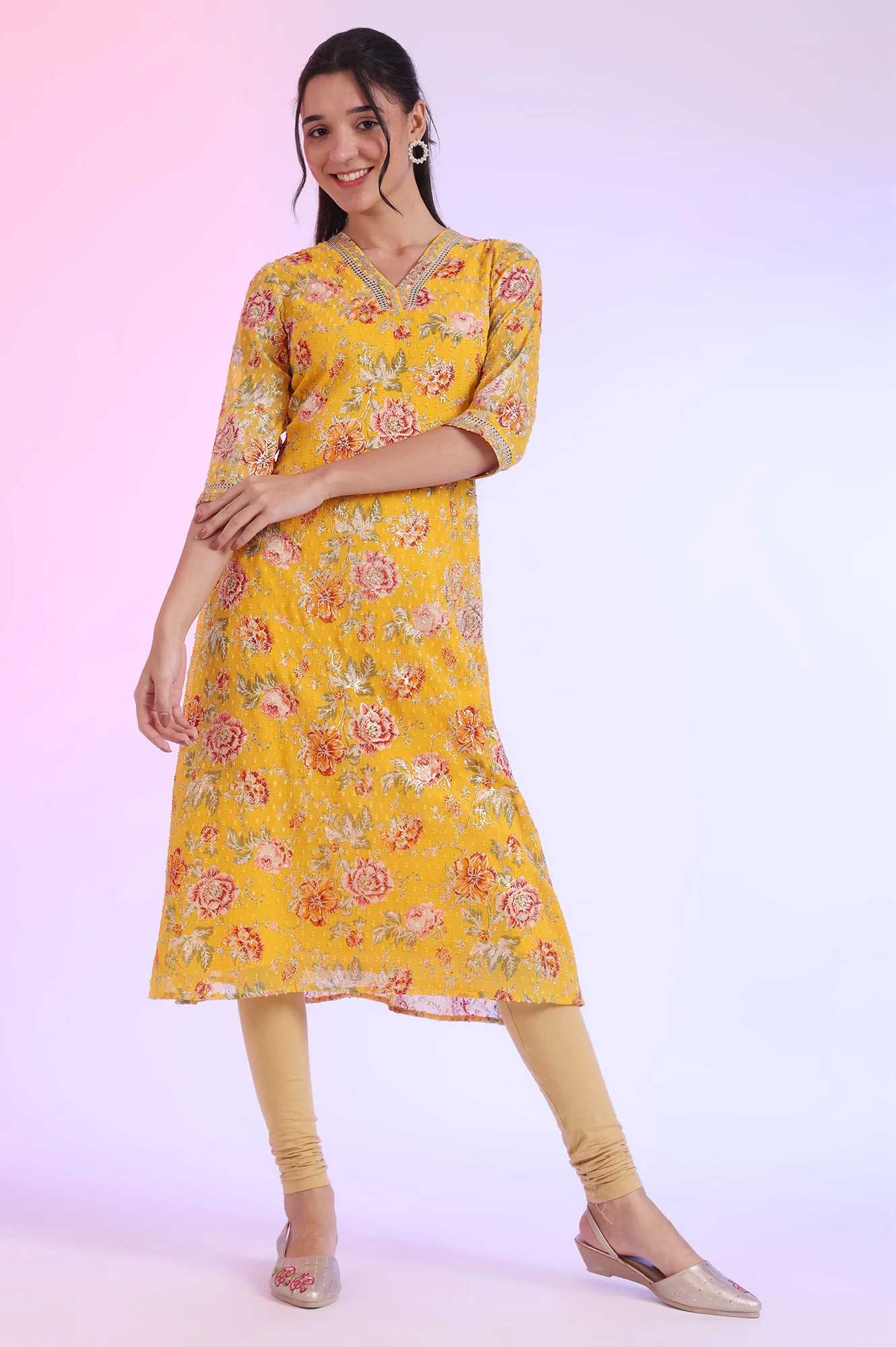 Yellow Floral Printed Chiffon A-line Kurta - Image 3