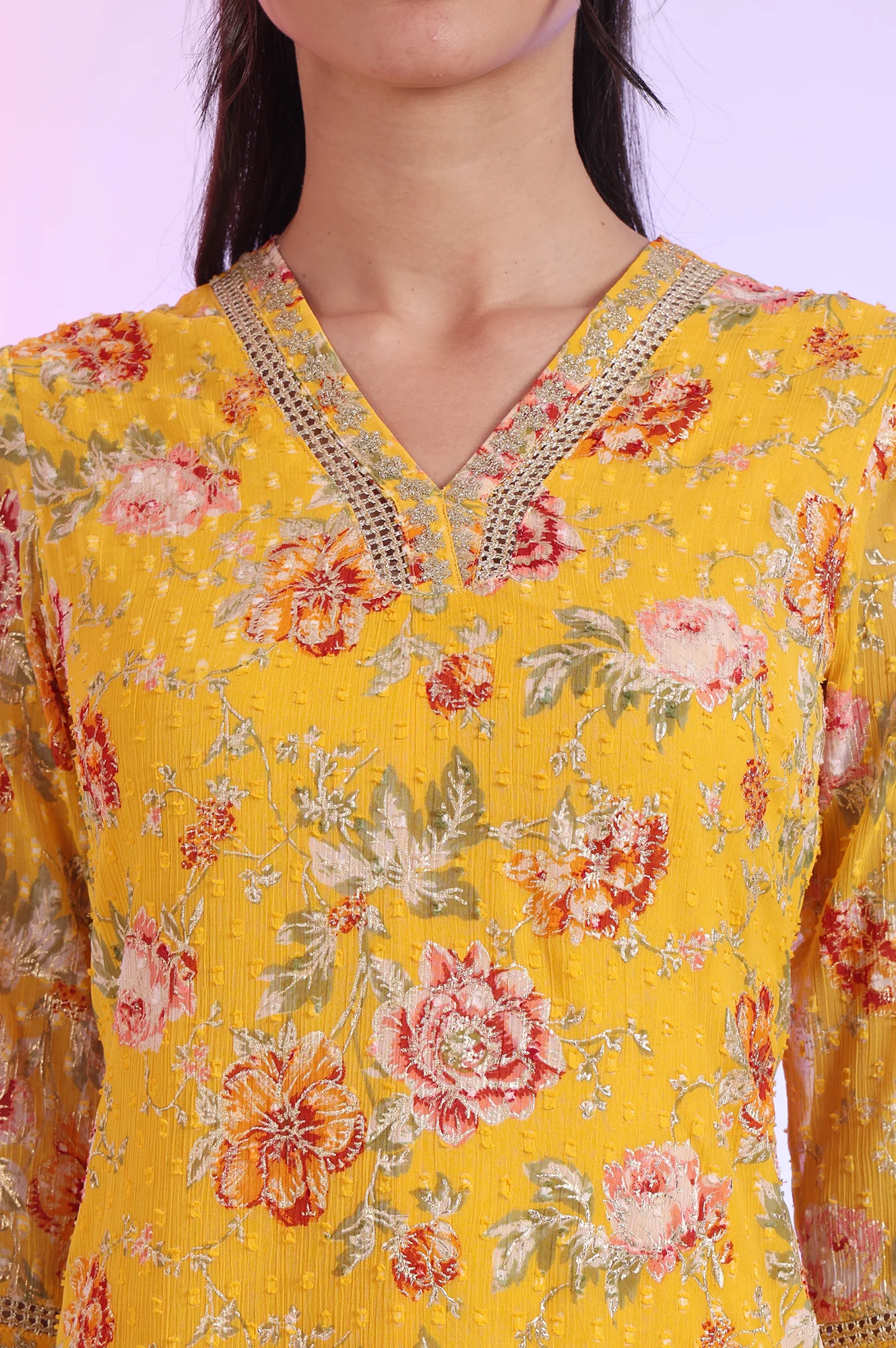 Yellow Floral Printed Chiffon A-line Kurta - Image 4
