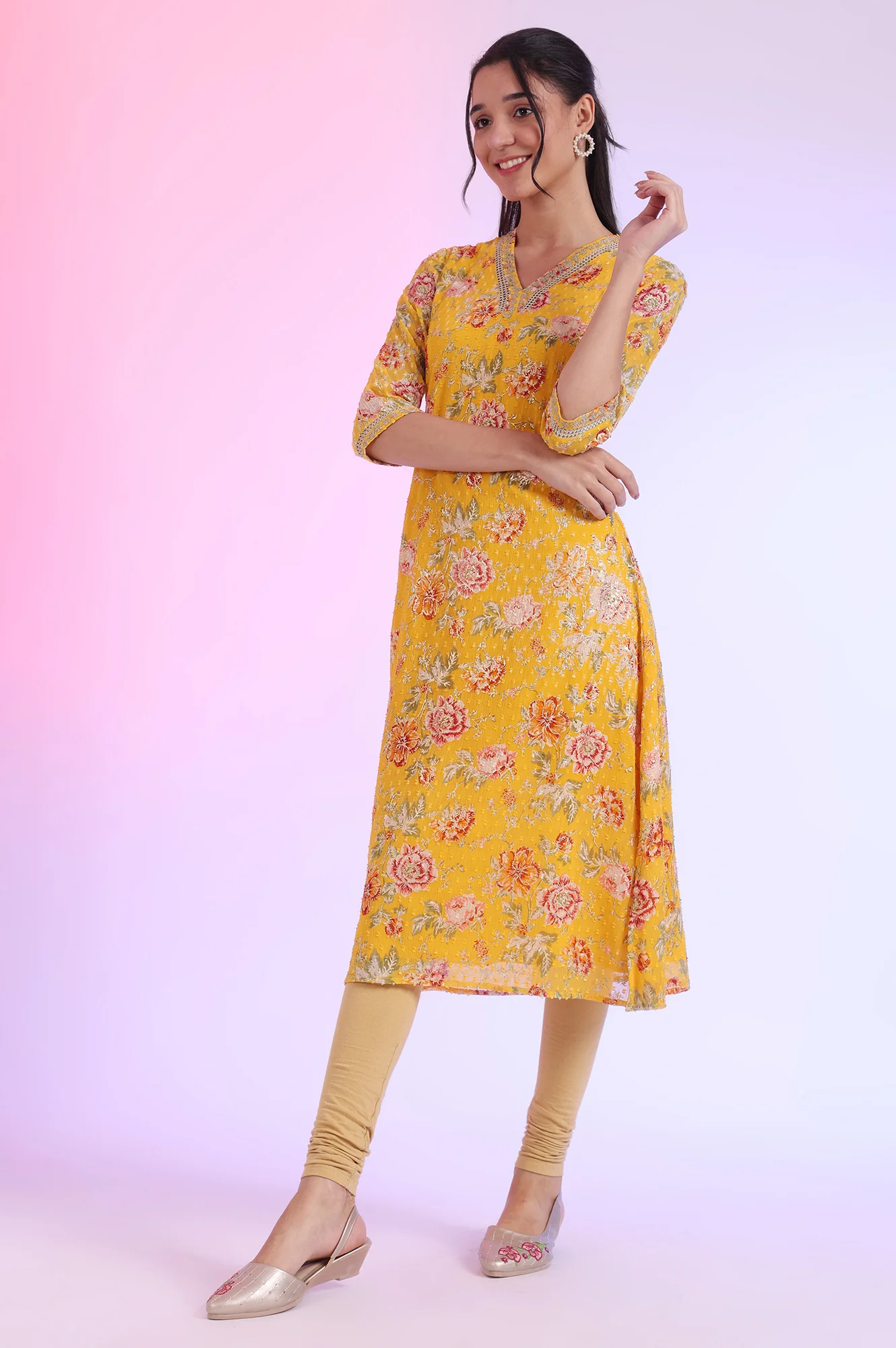 Yellow Floral Printed Chiffon A-line Kurta - Image 5