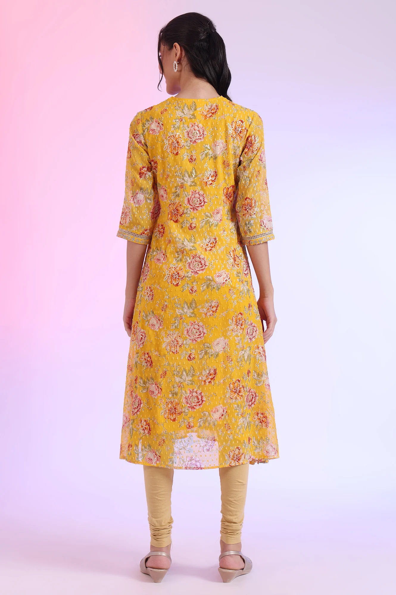 Yellow Floral Printed Chiffon A-line Kurta - Image 6