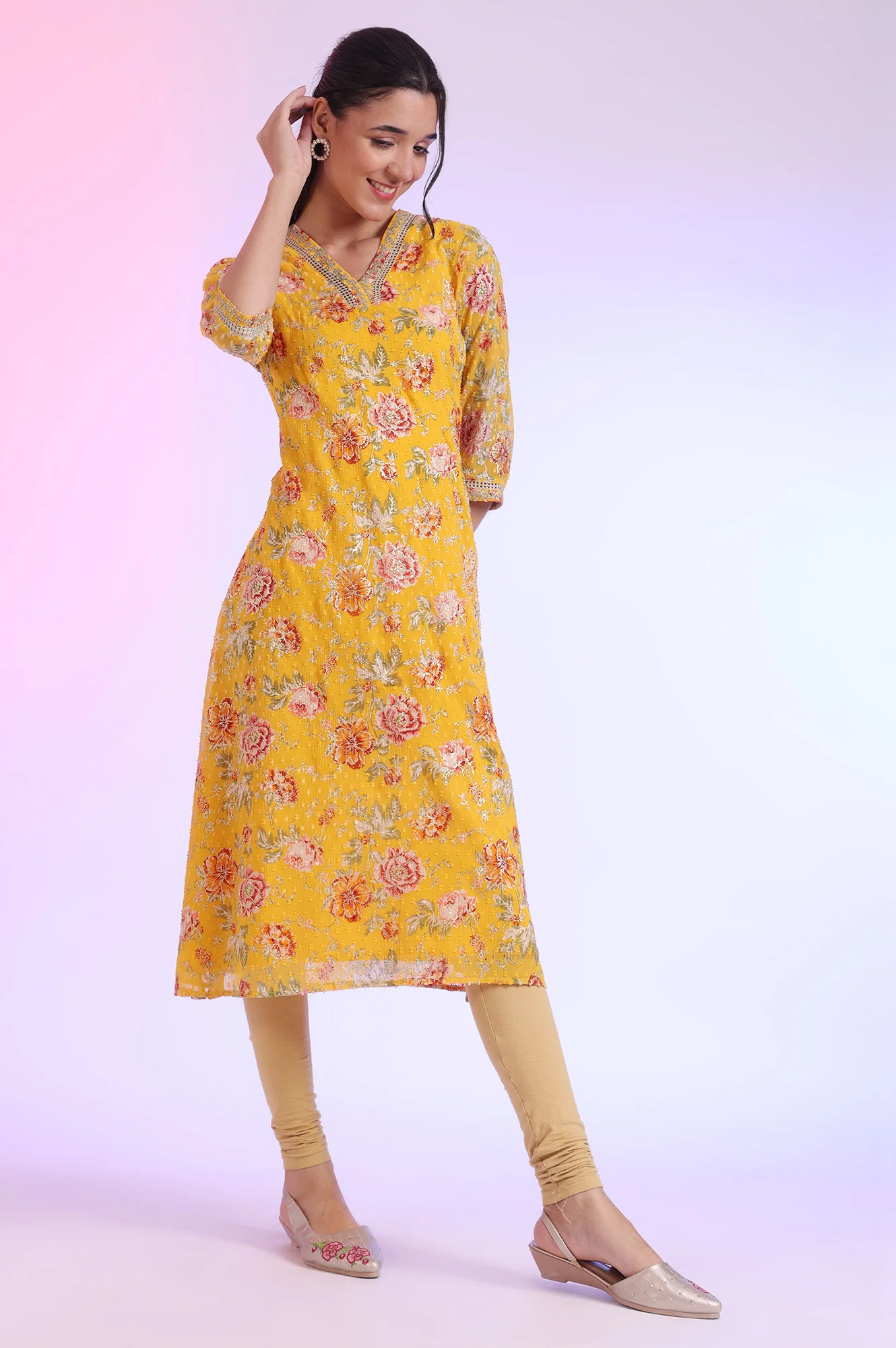 Yellow Floral Printed Chiffon A-line Kurta - Image 7