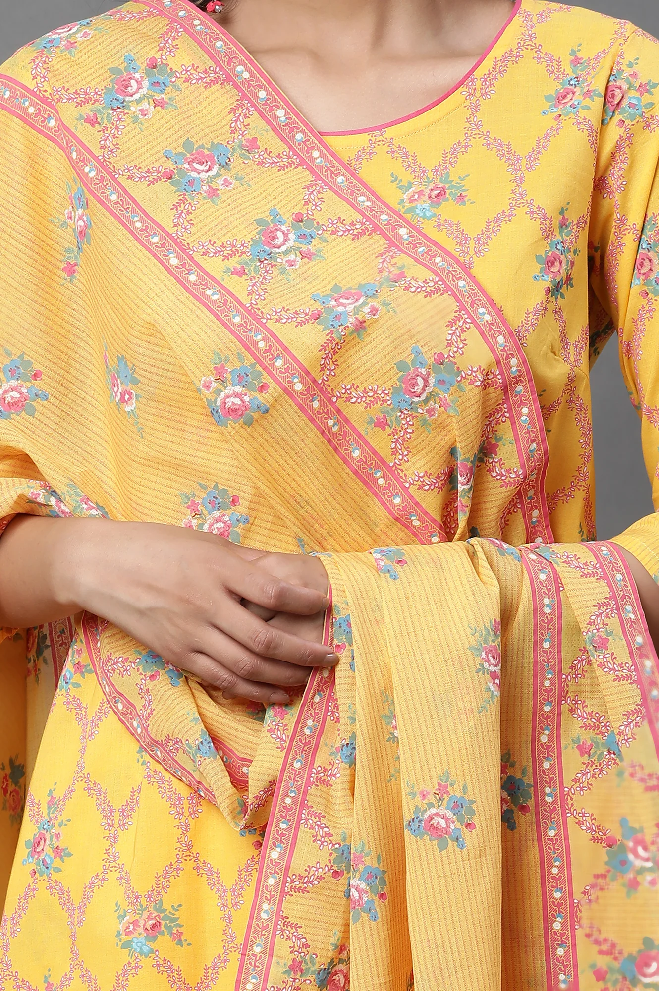 Yellow Floral Printed Cotton Dupatta - Image 6