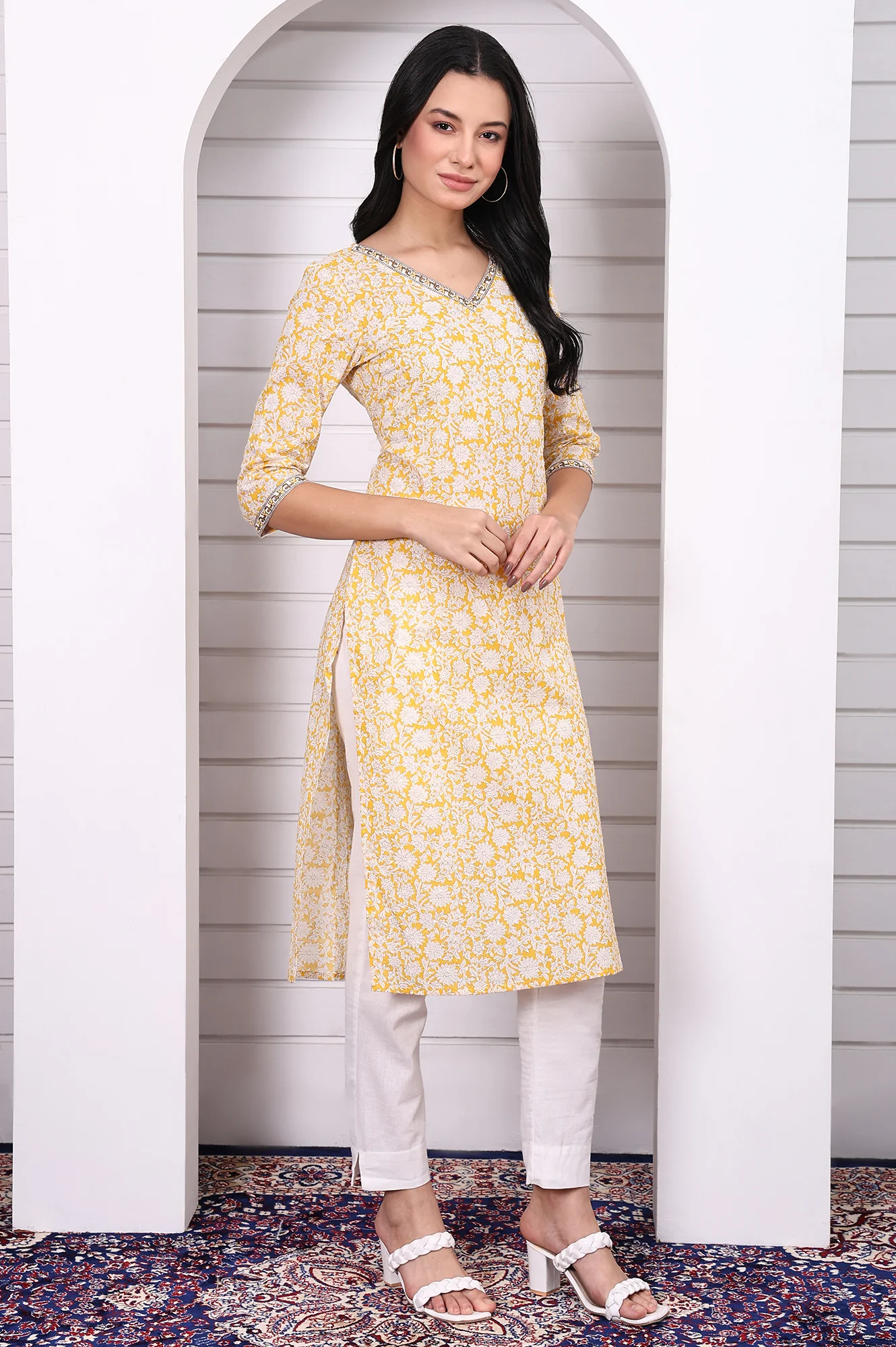 Yellow Floral Printed Cotton Lurex Straight Kurta with Lace - Image 6