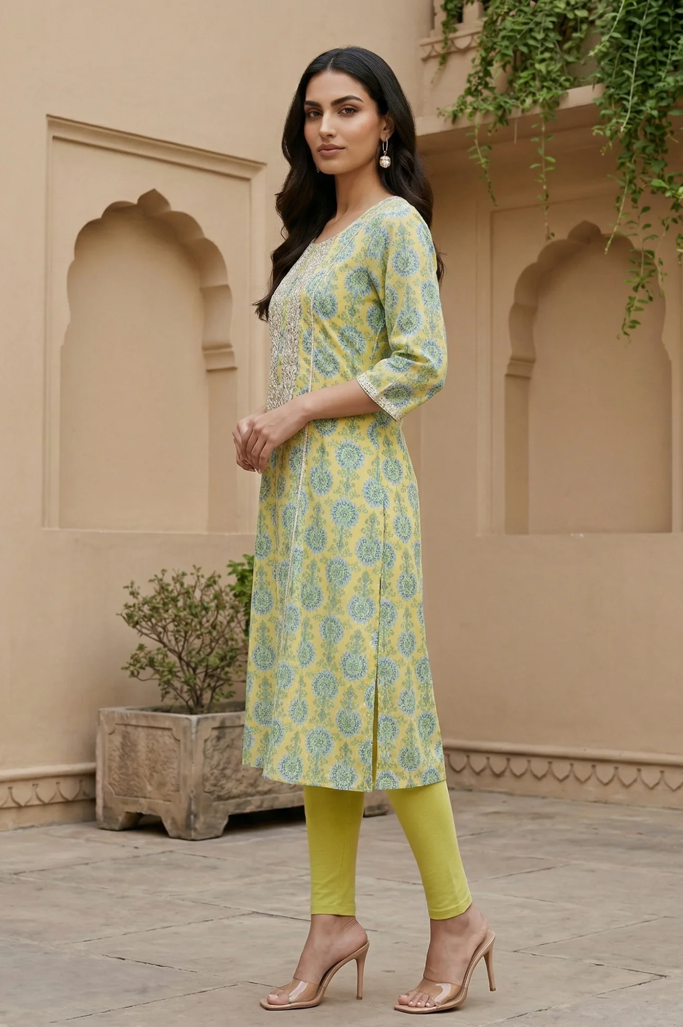 Yellow Floral Printed Embellished Georgette A-Line Kurta - Image 4