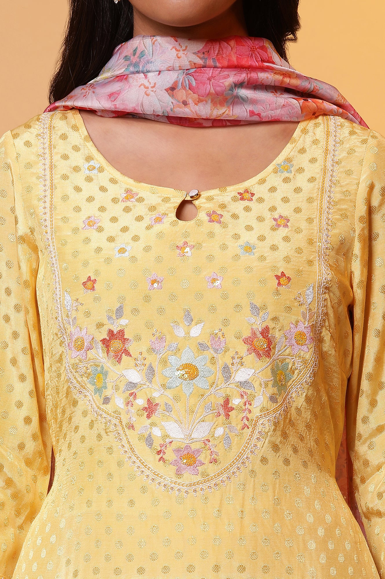 Yellow Floral Printed Flared Kurta, Pants and Dupatta Set - Image 6