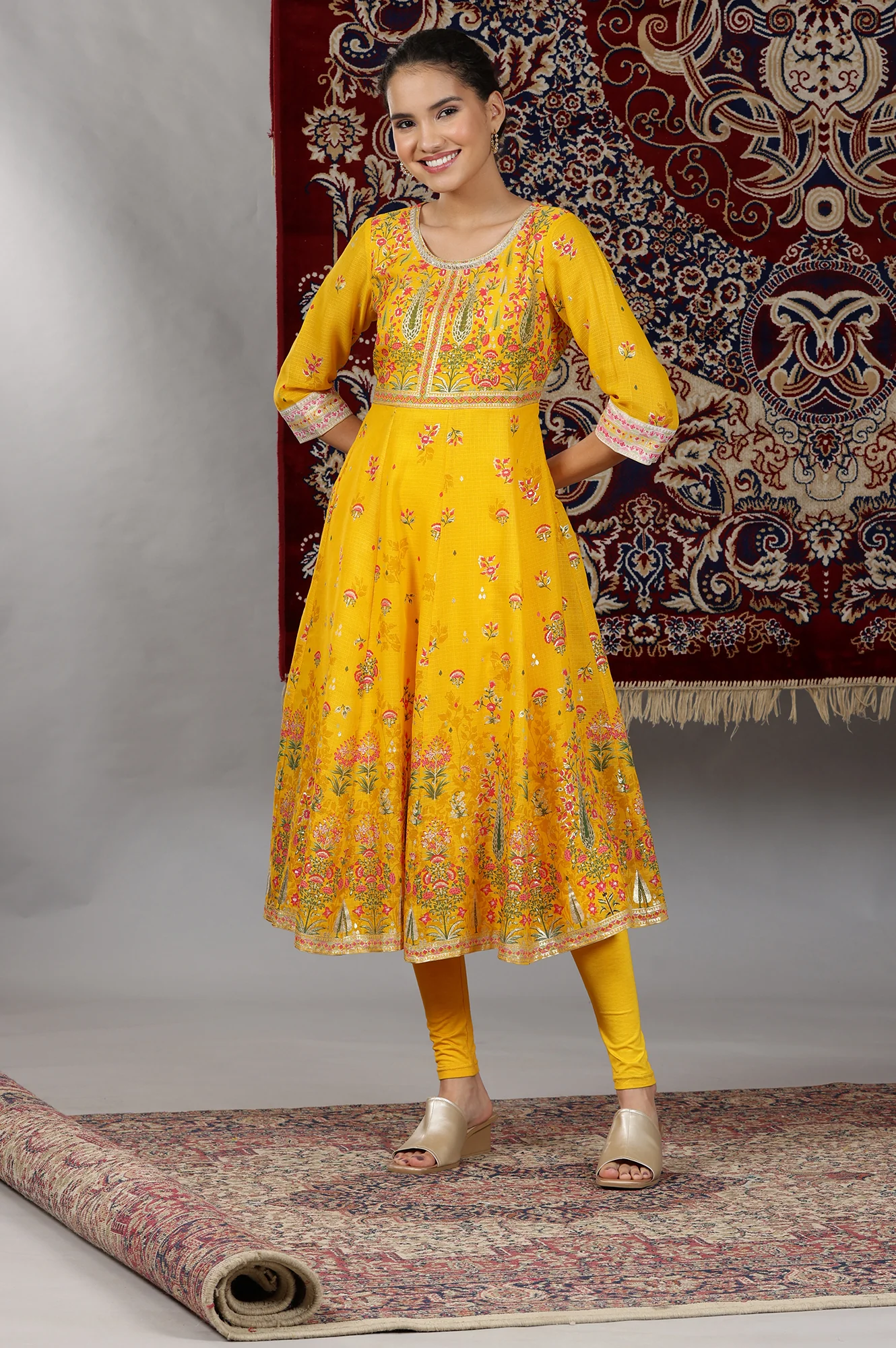 Yellow Floral Printed Flared Kurta with Embellished Neckline, Tights and Dupatta Set - Image 7