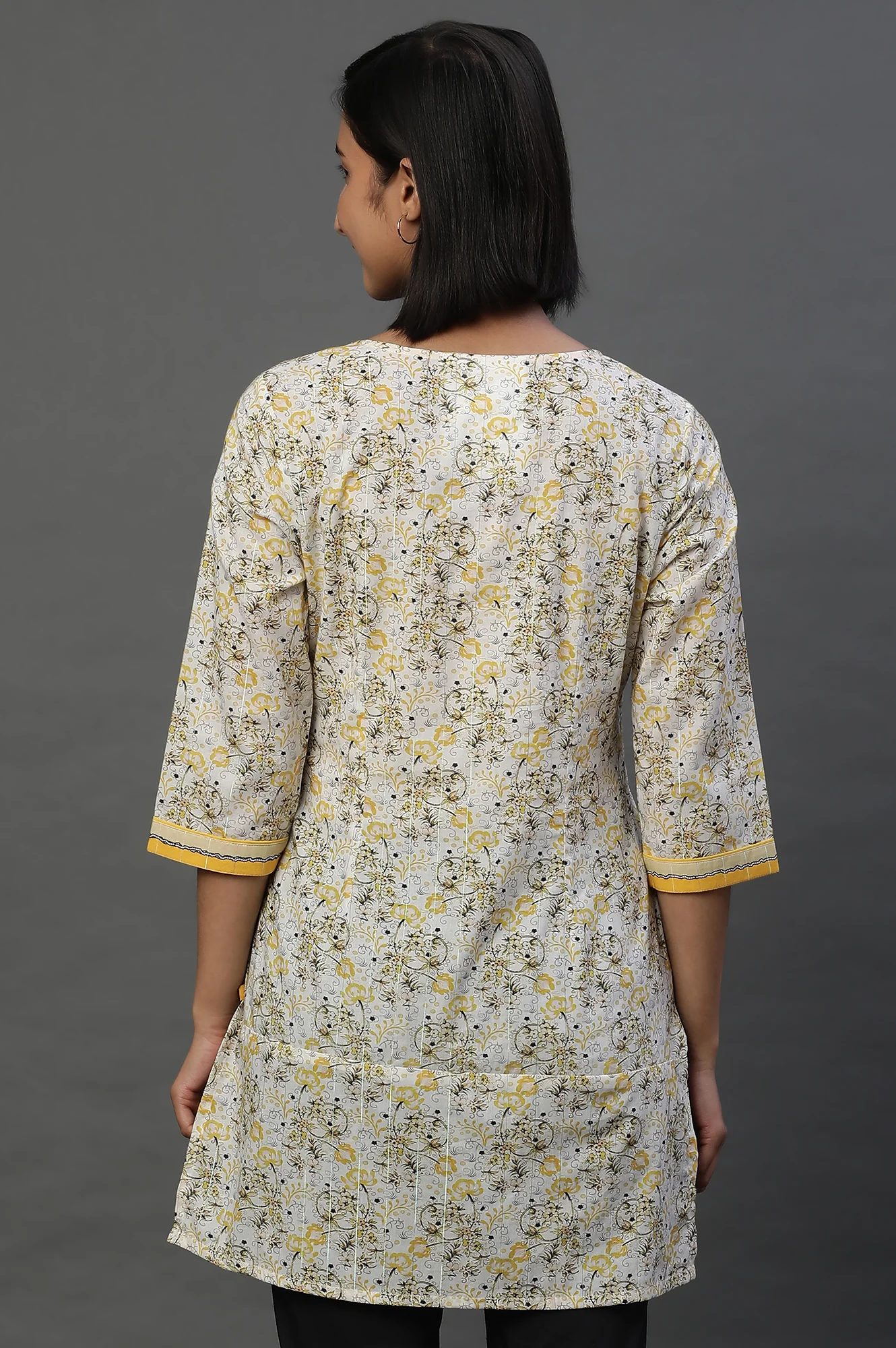 Yellow Floral Printed Fusion Kurti - Image 3