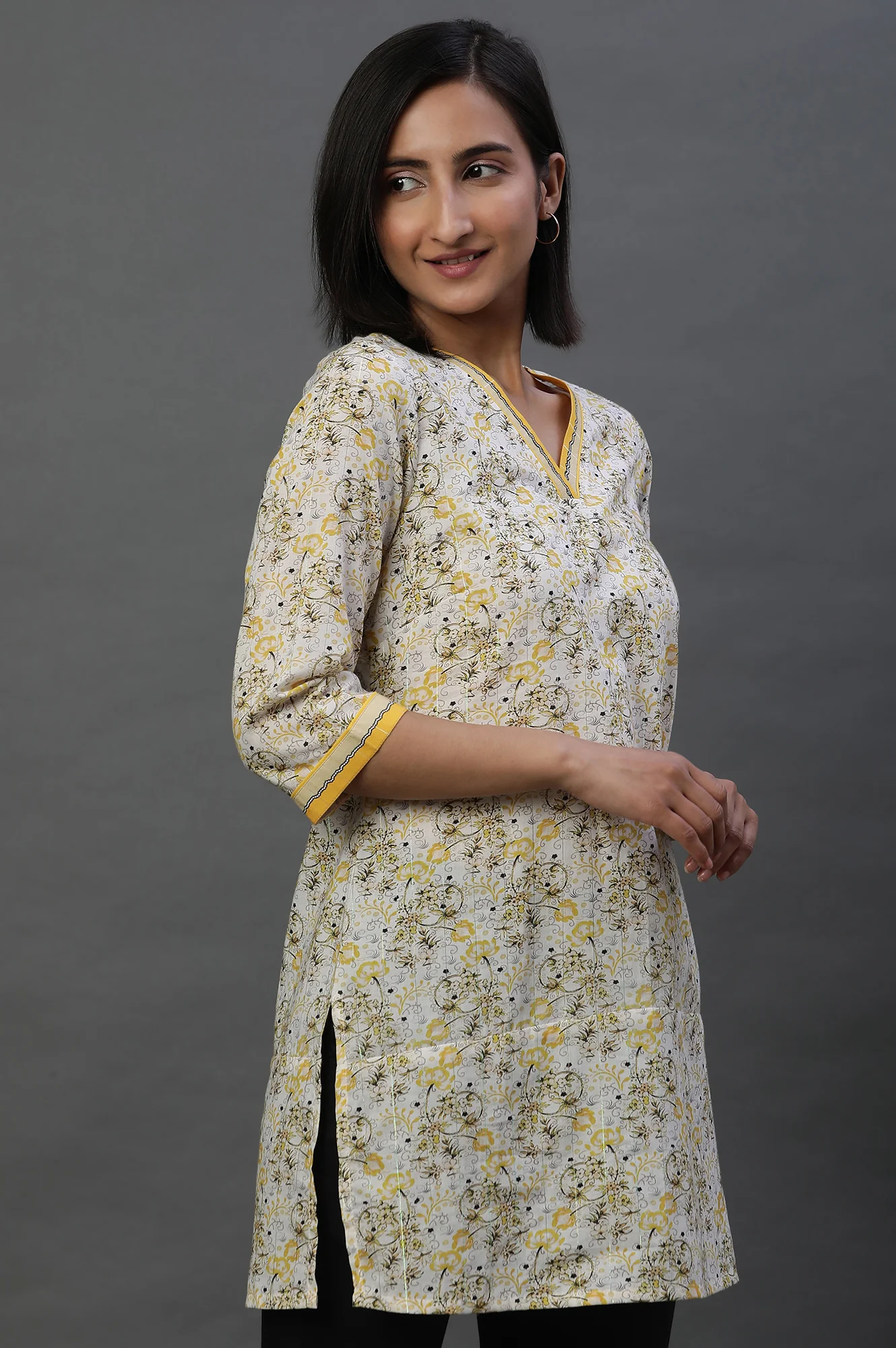 Yellow Floral Printed Fusion Kurti - Image 4