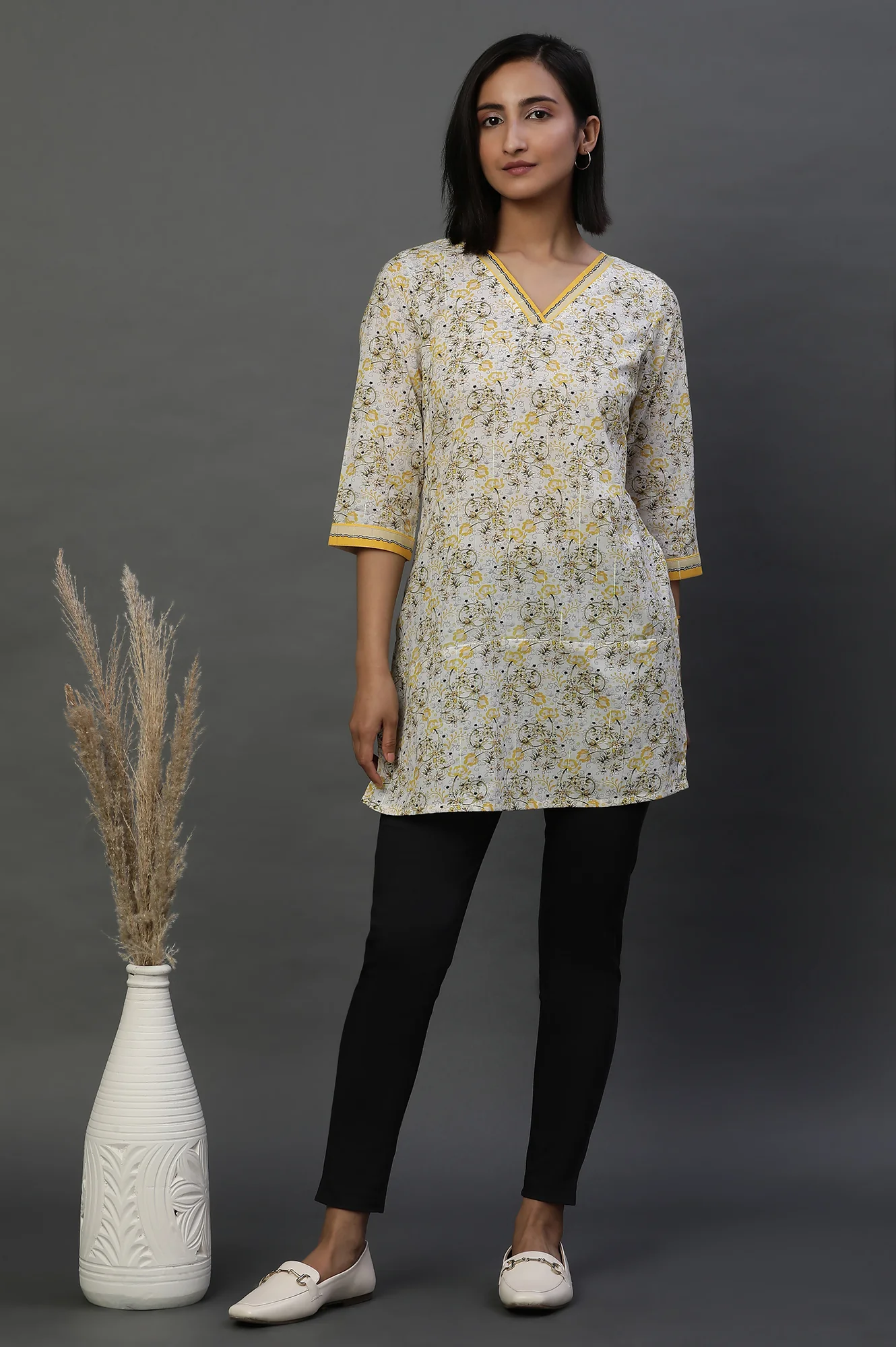 Yellow Floral Printed Fusion Kurti - Image 5