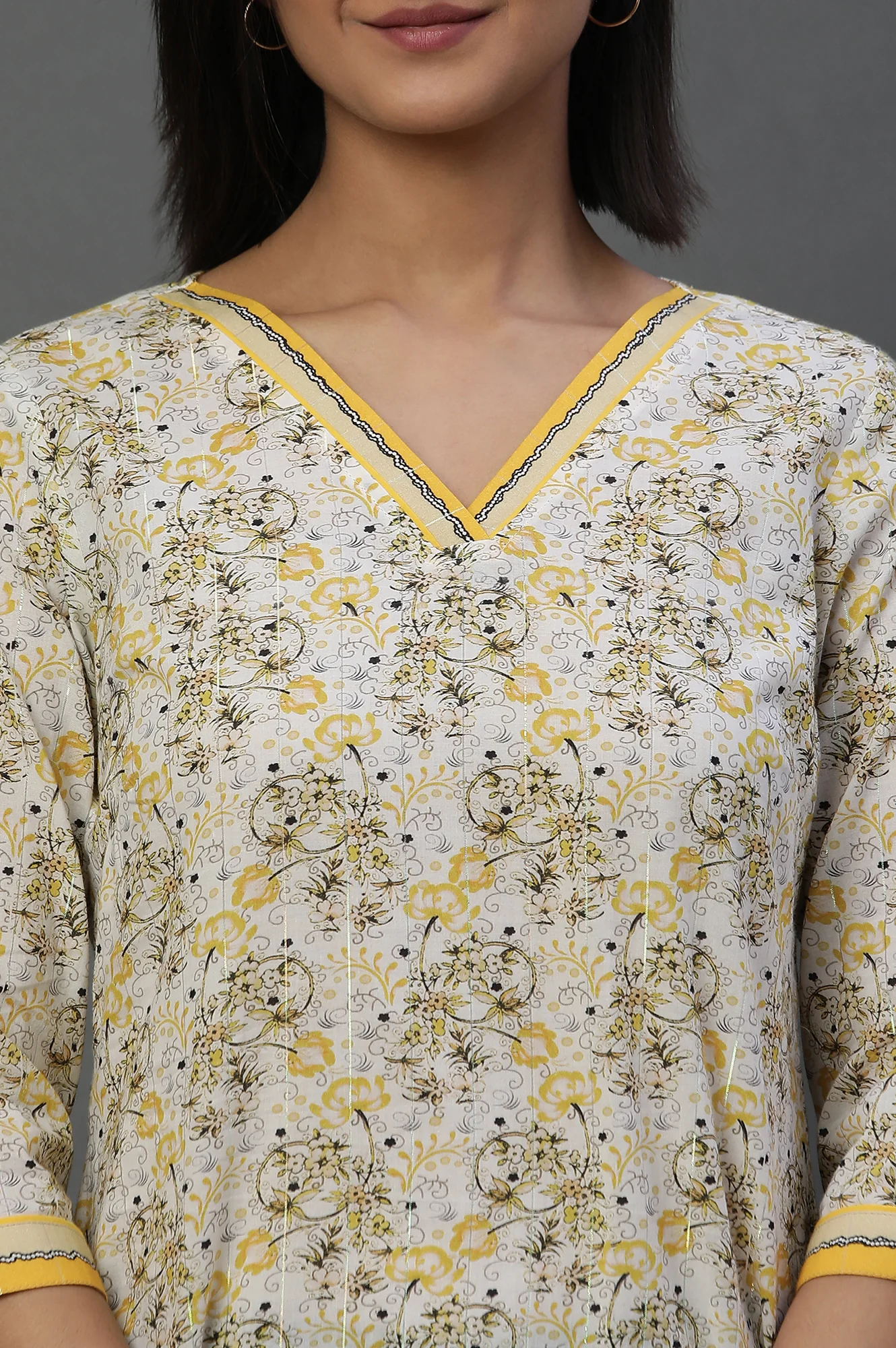 Yellow Floral Printed Fusion Kurti - Image 6