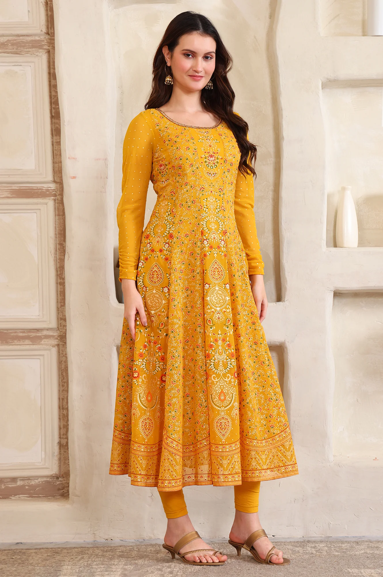 Yellow Floral Printed Hand Work Straight Georgette Kurta, Tight and Dupatta Set - Image 6