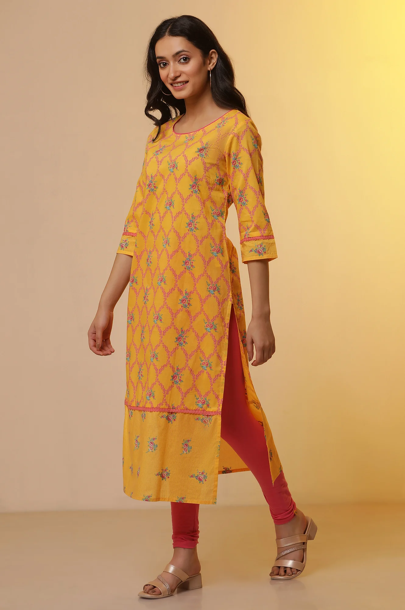 Yellow Floral Printed Kurta, Tights and Dupatta Set - Image 3
