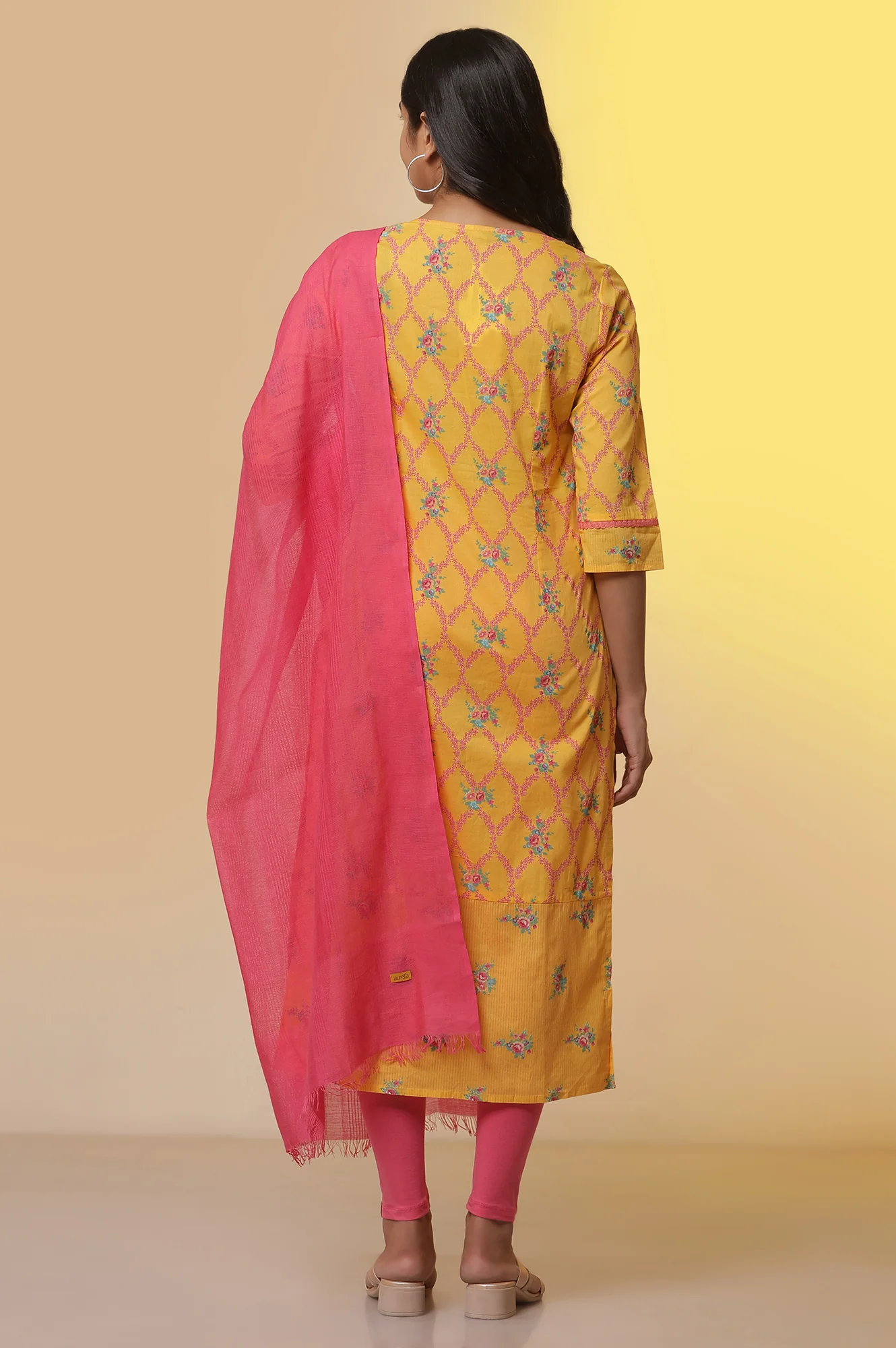 Yellow Floral Printed Kurta, Tights and Dupatta Set - Image 4