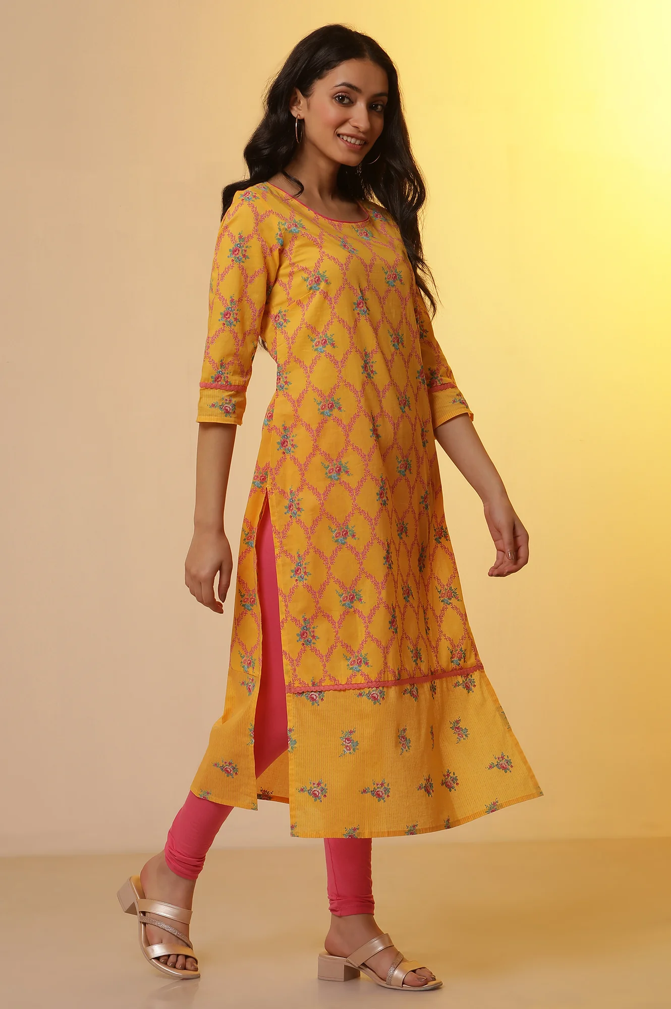 Yellow Floral Printed Kurta, Tights and Dupatta Set - Image 5