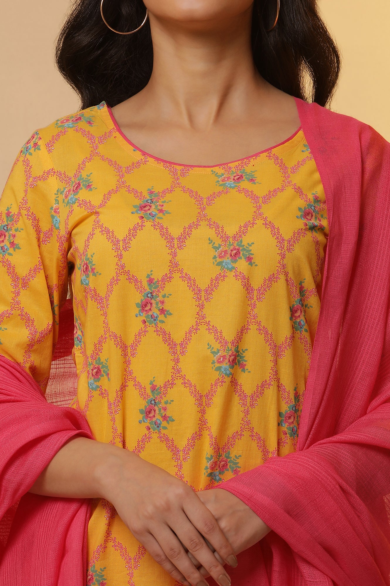 Yellow Floral Printed Kurta, Tights and Dupatta Set - Image 6